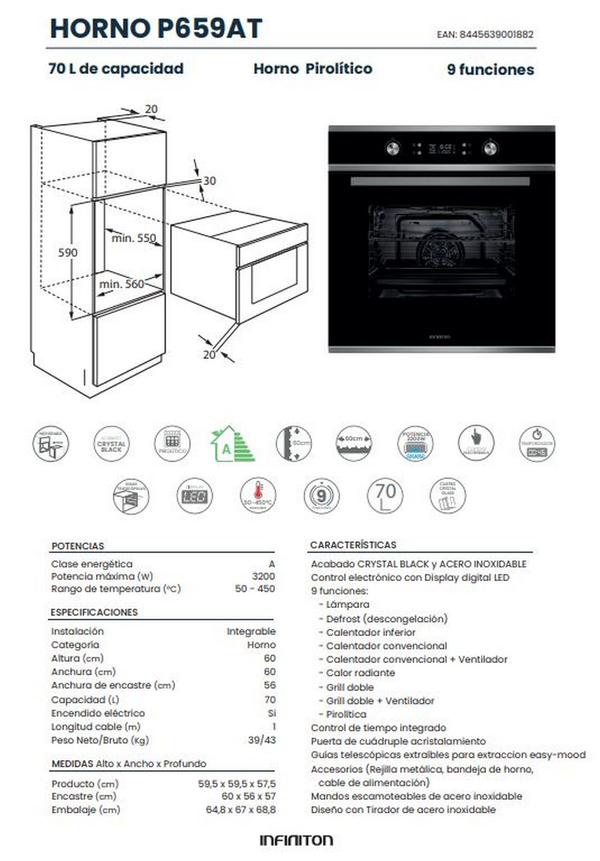 Diagrama de un horno con especificaciones y características. Incluye dimensiones, clase energética y varias funciones.