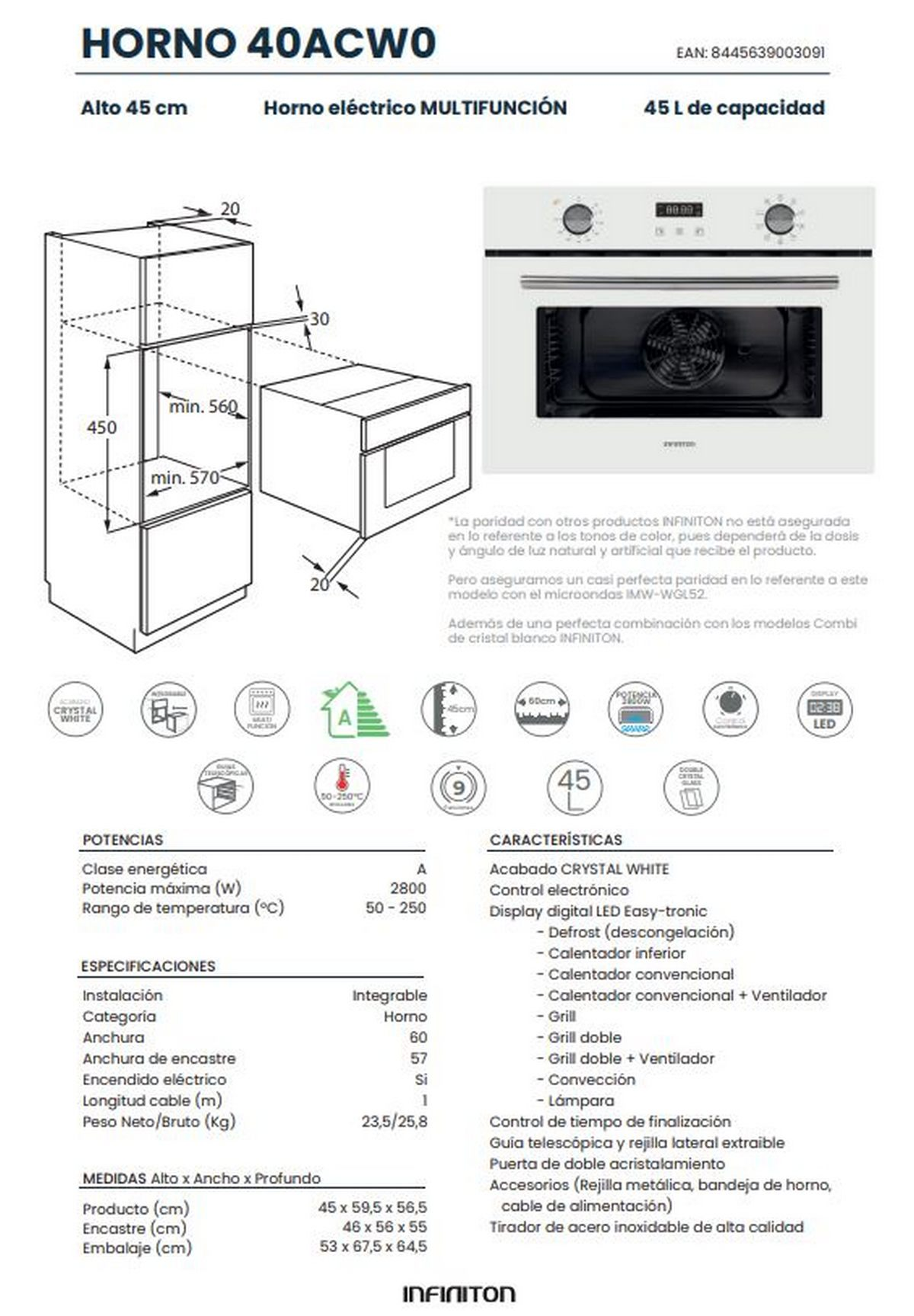 Diagrama de un horno empotrado con dimensiones y detalles. Fondo blanco.