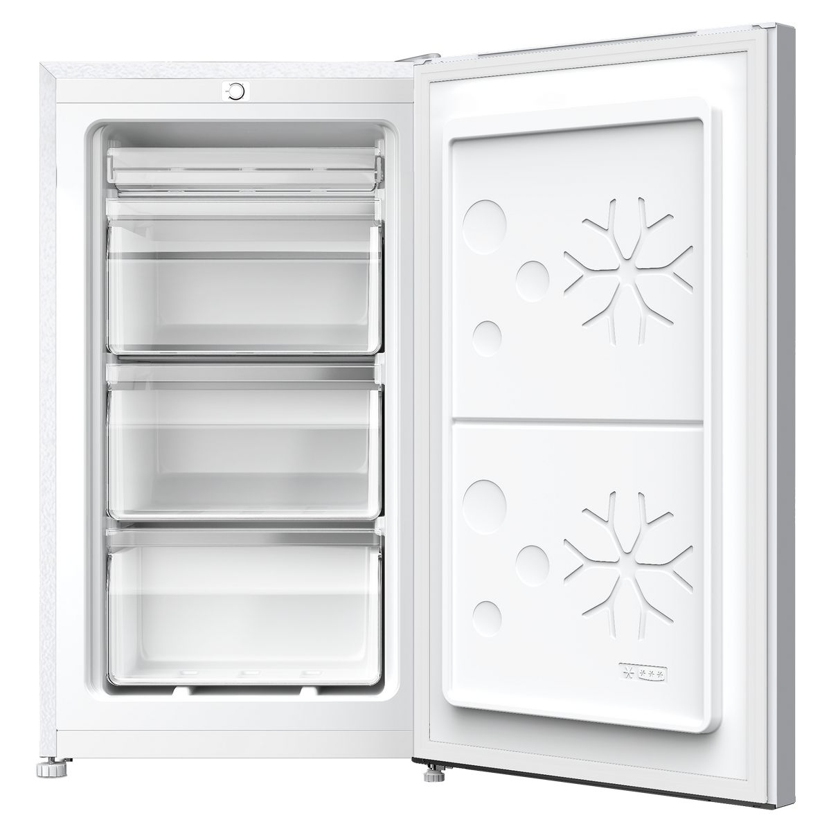 Un congelador blanco con la puerta abierta, revelando tres cajones y diseños de copos de nieve.