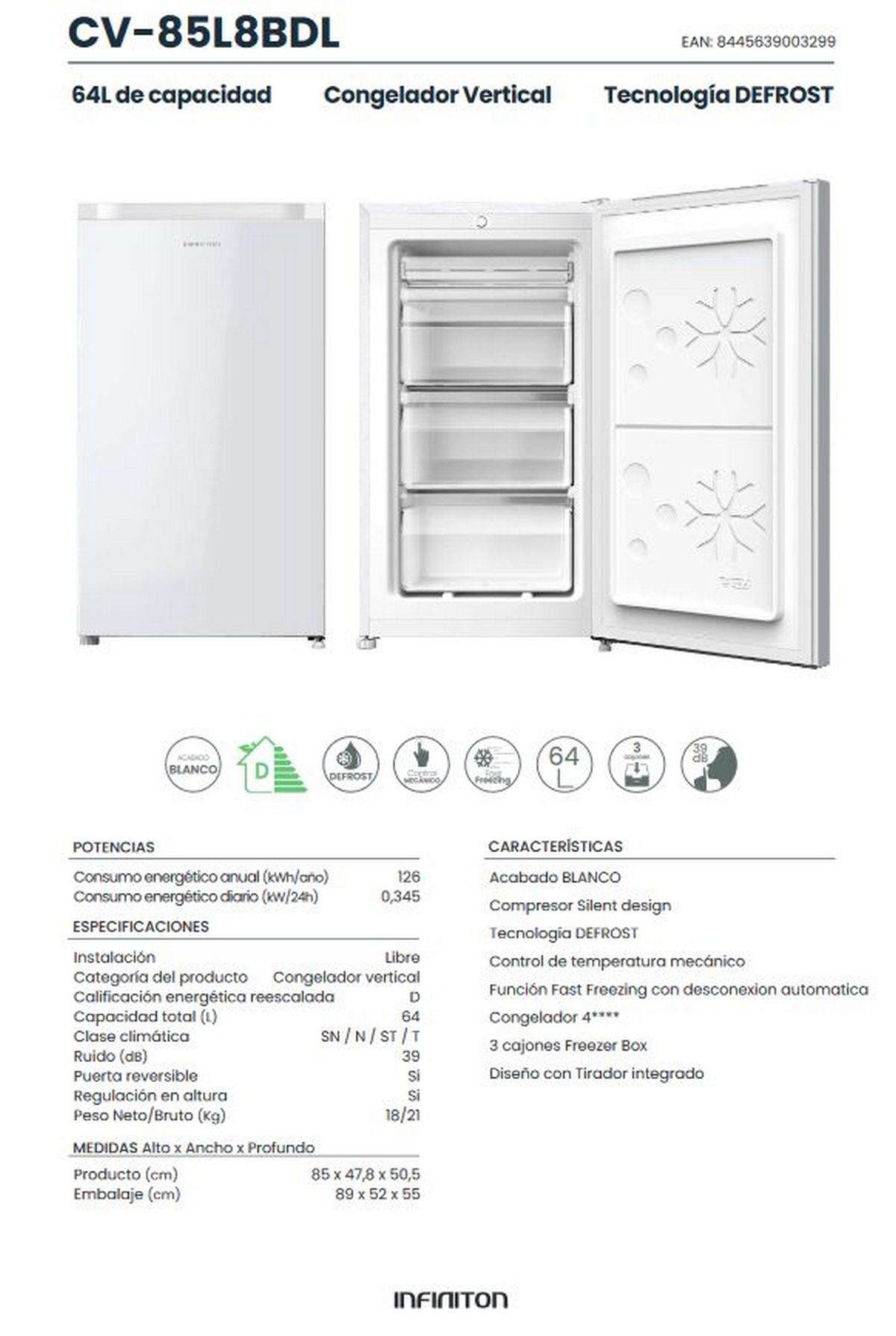 Congelador vertical blanco con puerta abierta. El interior muestra estantes y cajones. Detalles de especificaciones técnicas.