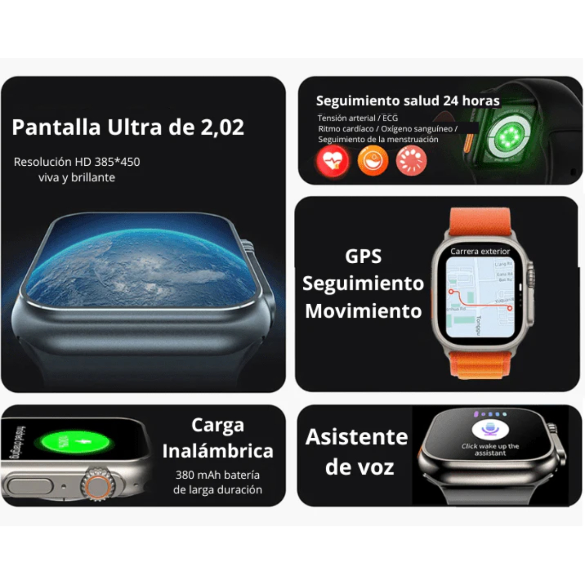 Smartwatch mostrando métricas de salud, carga, con texto en español.