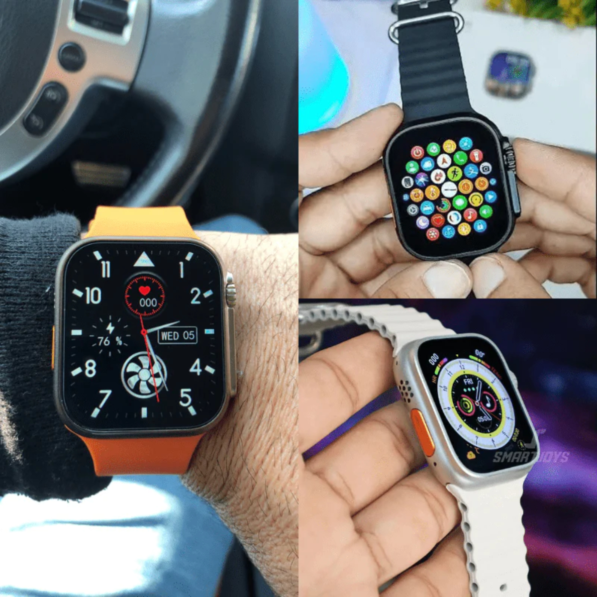 Smartwatches en varias vistas. Dos en muñecas, otras dos en primer plano.