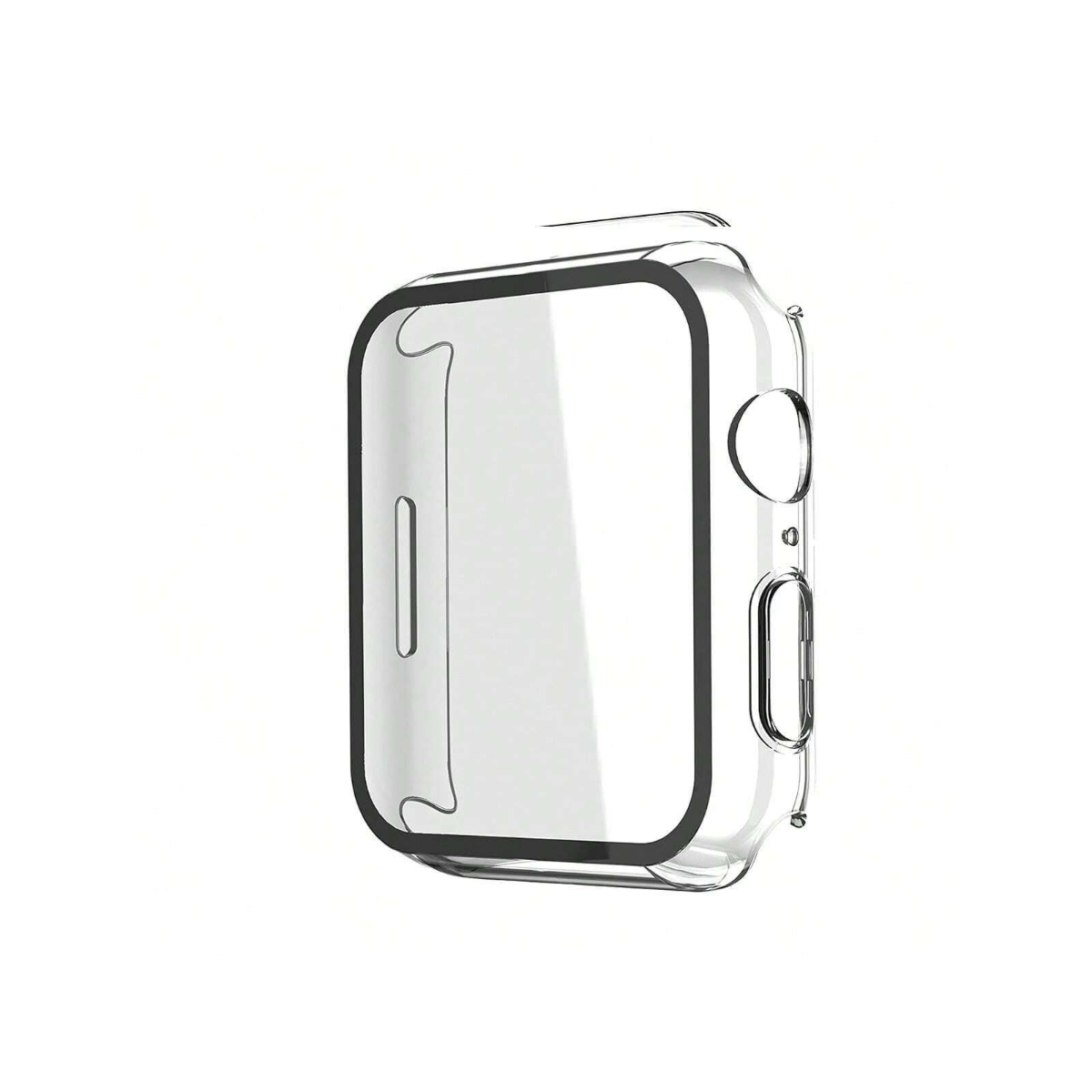 Se muestra una funda de reloj transparente. La funda del reloj es transparente. El fondo es blanco.