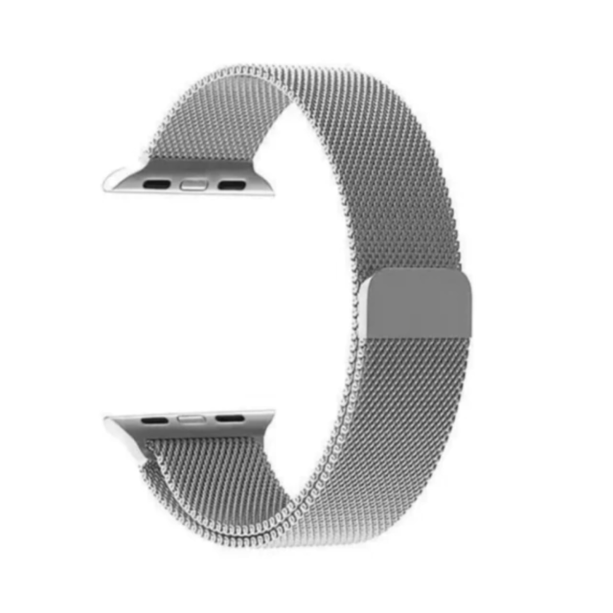 Correa plateada para Apple Watch. Es una correa de metal de malla con cierre magnético y puntos de fijación.