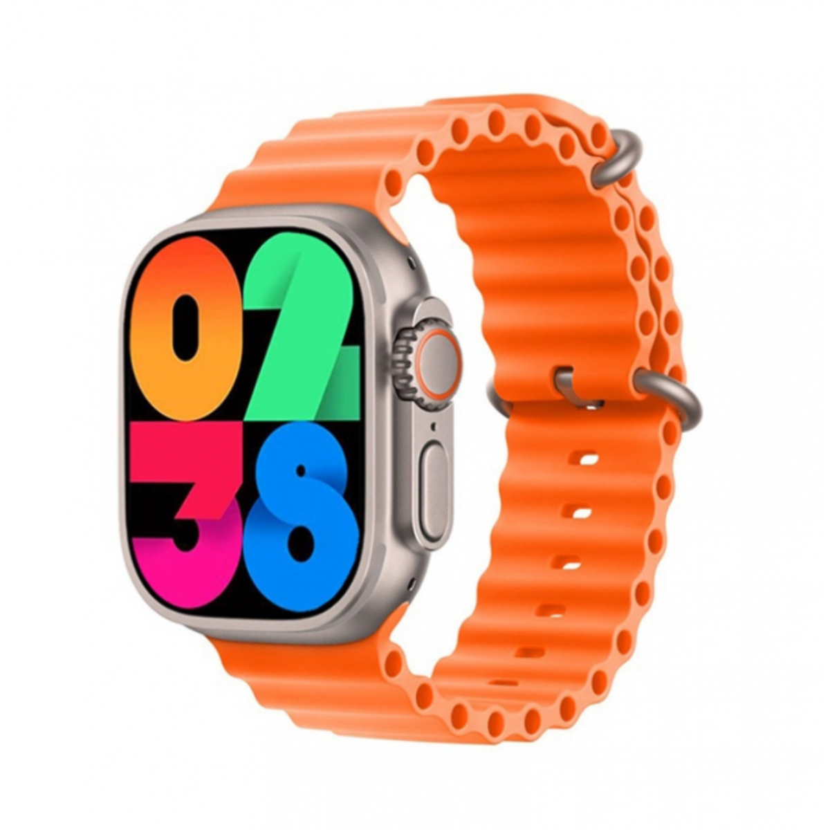 Smartwatch con correa naranja, mostrando una pantalla digital colorida. Tiene una caja plateada y un botón lateral.