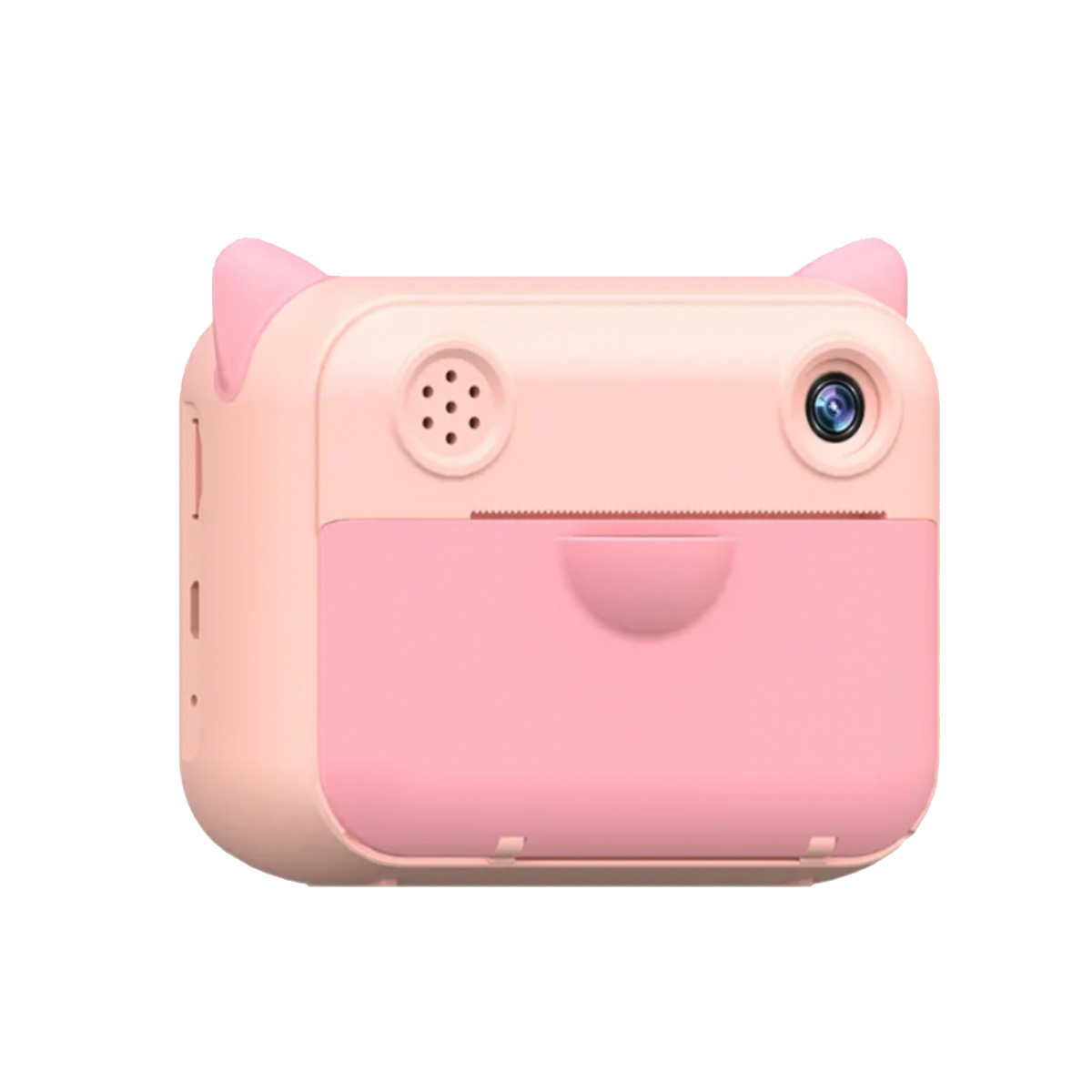 Una cámara instantánea rosa con forma de gato, con lente y ranura de impresión.