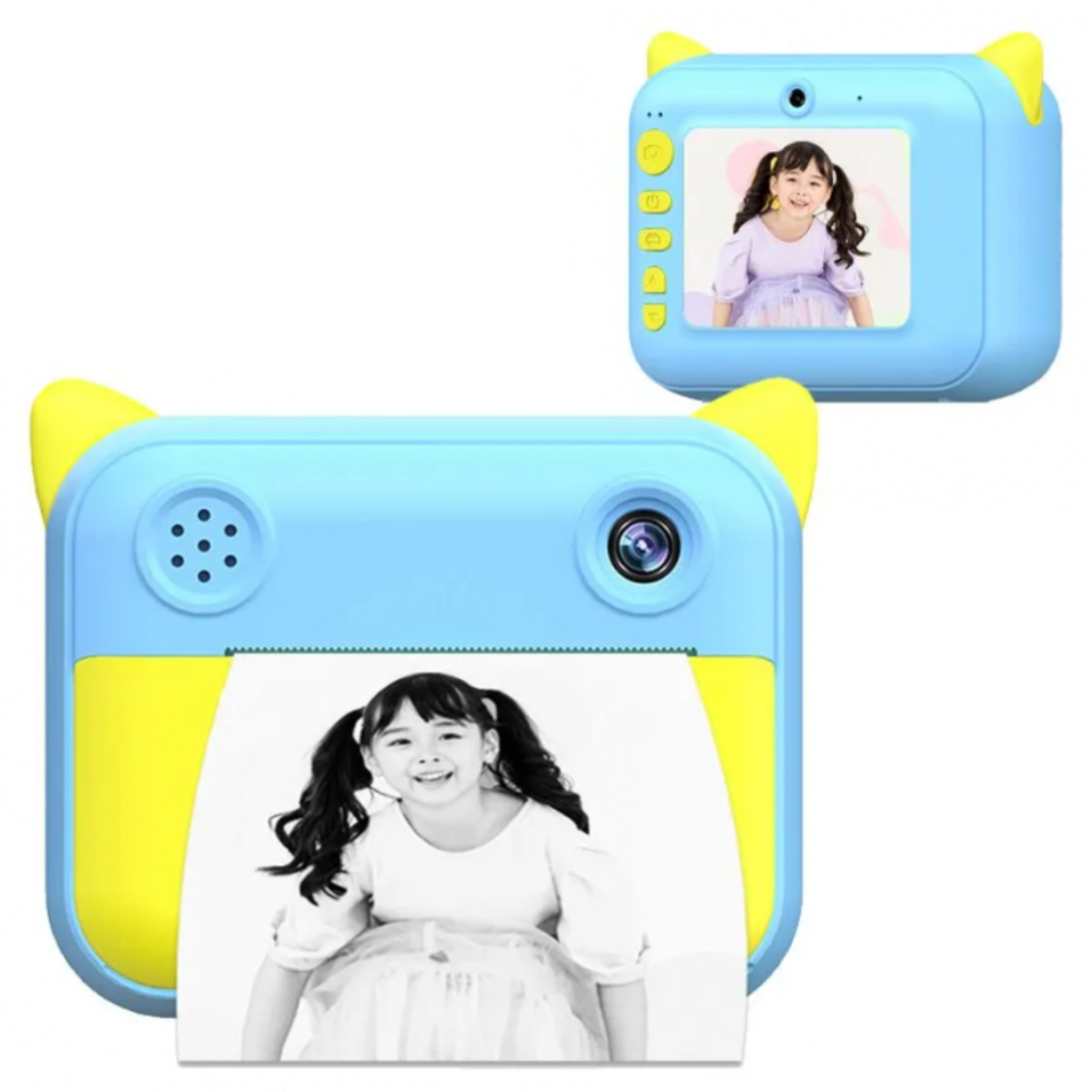Cámara instantánea azul y amarilla con foto de una niña y pantalla separada.