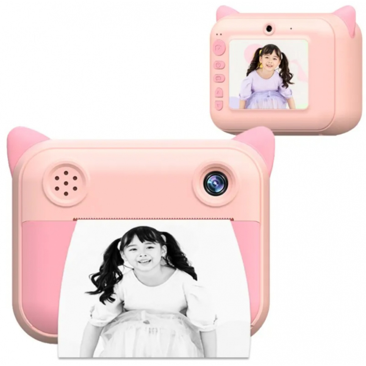 Cámara rosa imprimiendo una foto en blanco y negro de una niña con coletas.