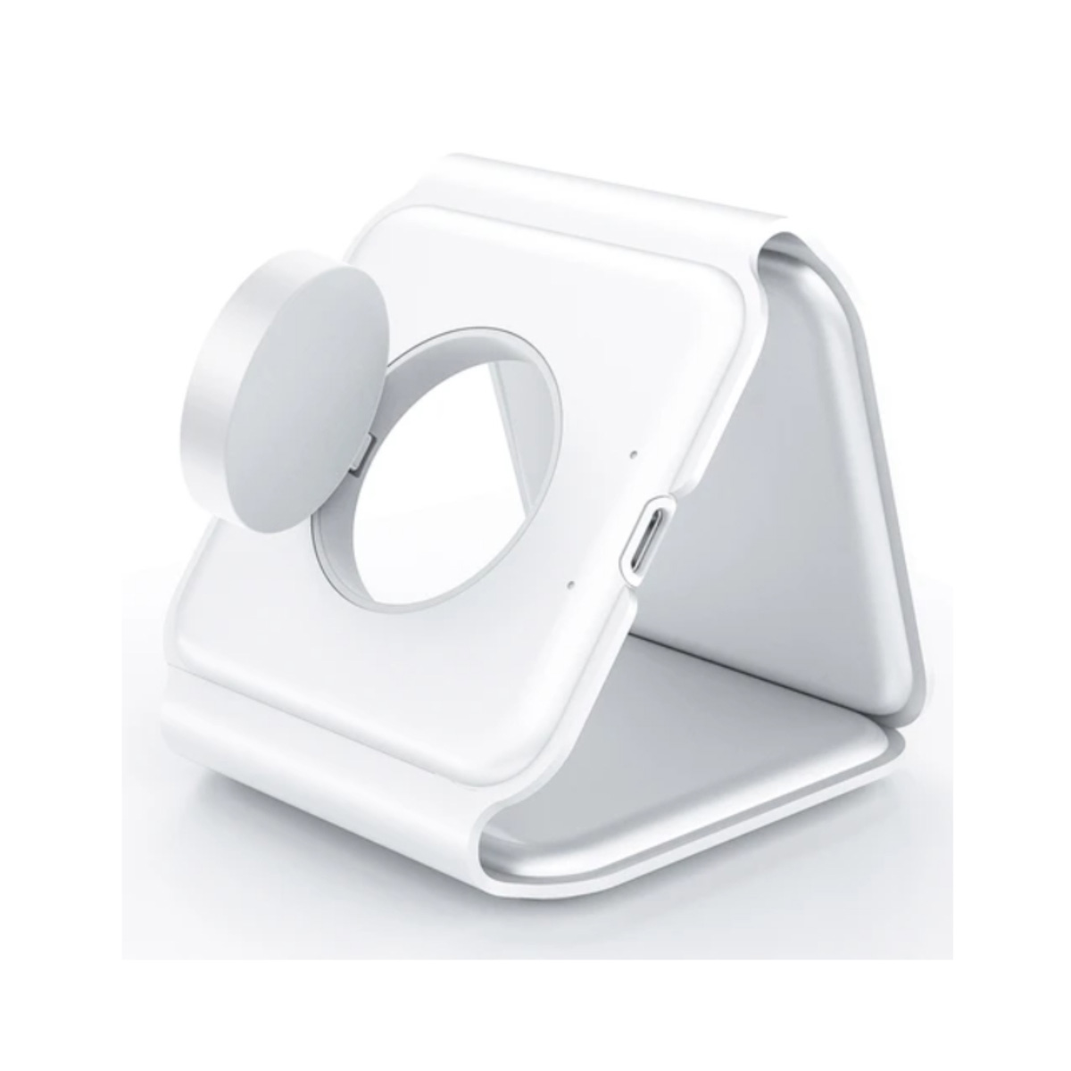 Cargador blanco para Apple Watch. Es un soporte plegable con una base de carga circular y un puerto de carga.