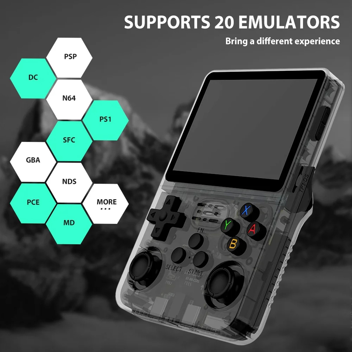 Una consola de juegos portátil con botones y una pantalla, con una lista de emuladores.