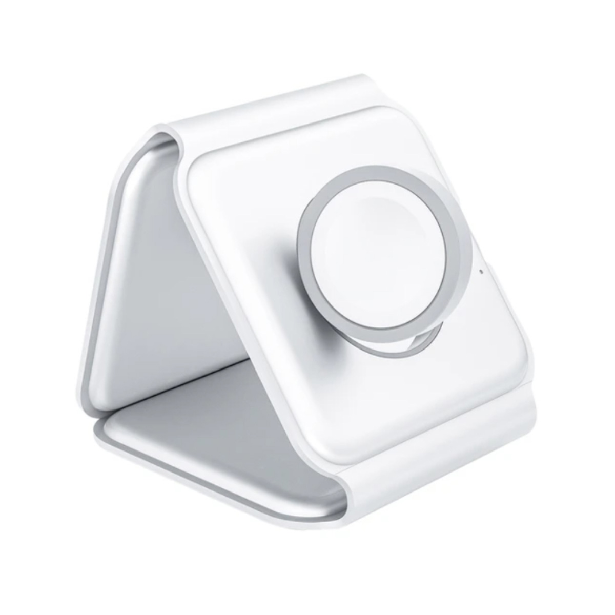 Base de carga inalámbrica plegable blanca para Apple Watch, en un entorno blanco.