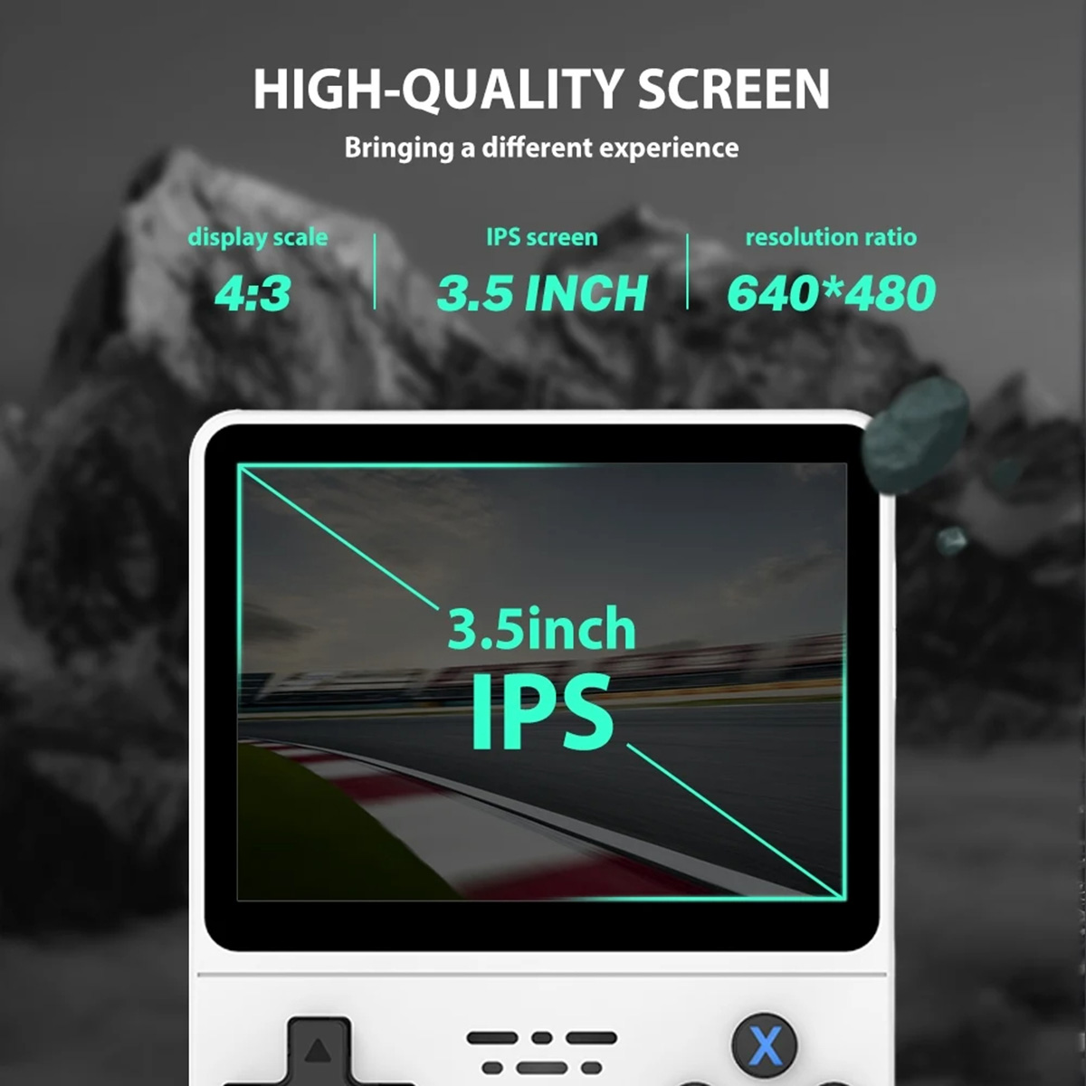 Consola de juegos portátil blanca con pantalla IPS de 3.5 pulgadas, mostrando un juego de carreras y botones de control.