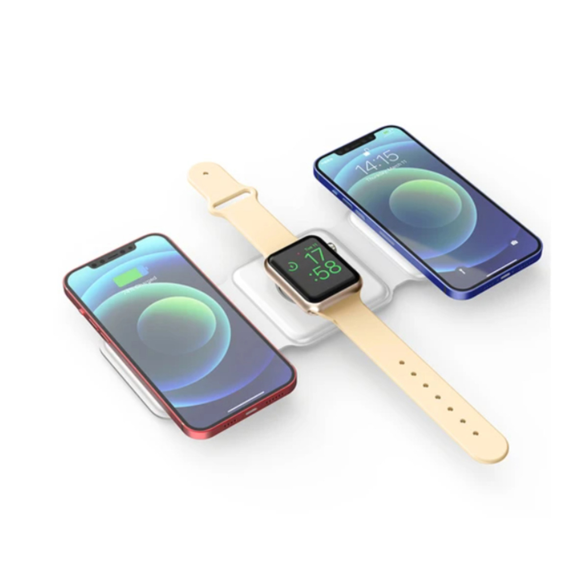 Dos iPhones y un Apple Watch se están cargando en un cargador inalámbrico blanco.