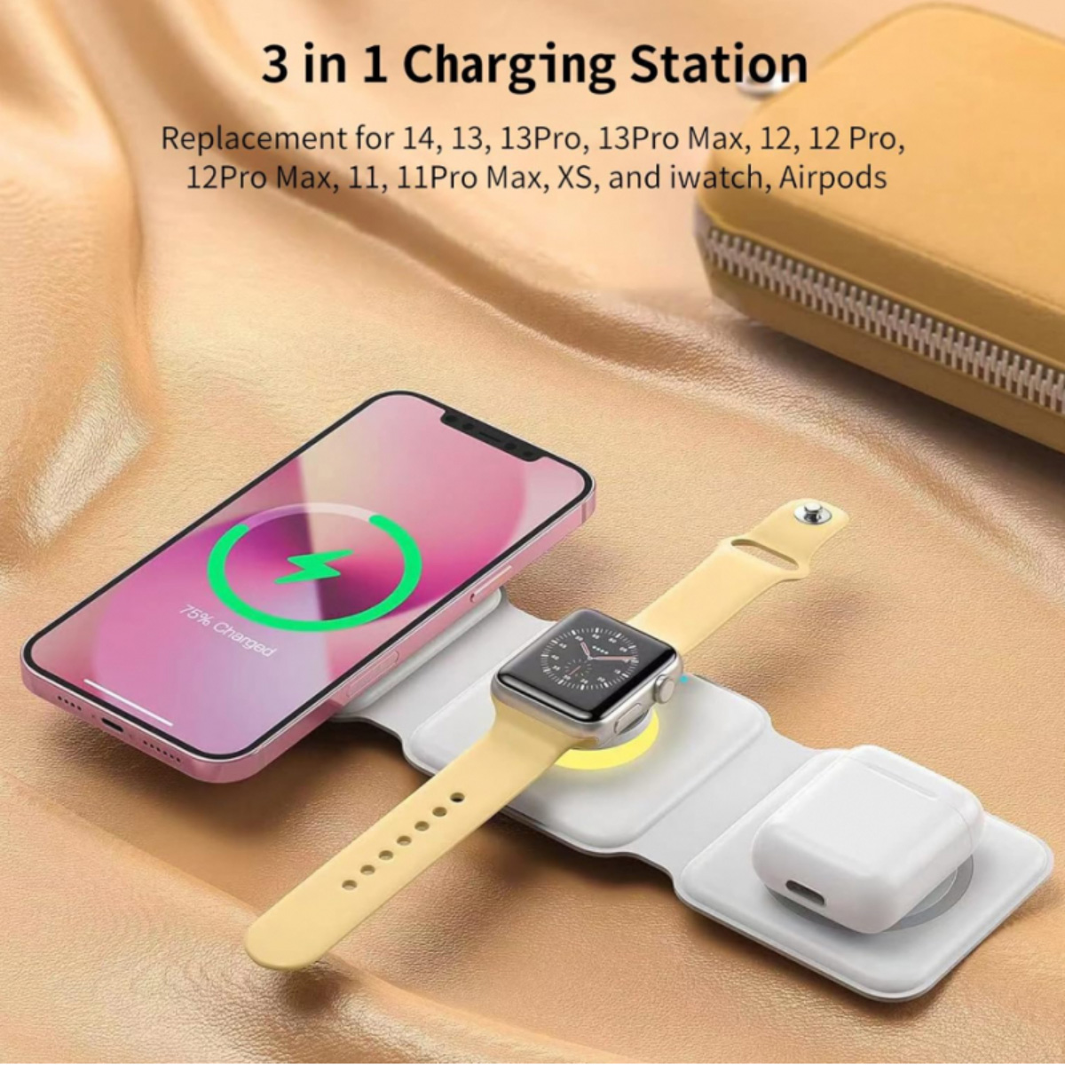 Una estación de carga 3 en 1 con teléfono, reloj inteligente y auriculares cargándose. La configuración está sobre una superficie de tela dorada.
