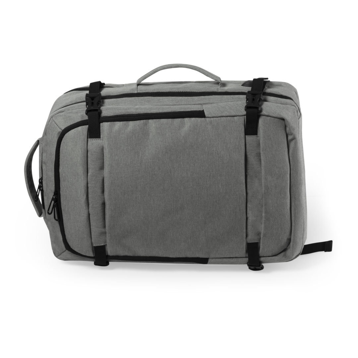Una bolsa de viaje rectangular gris con correas y asas negras. Tiene una asa en la parte superior y una asa lateral.