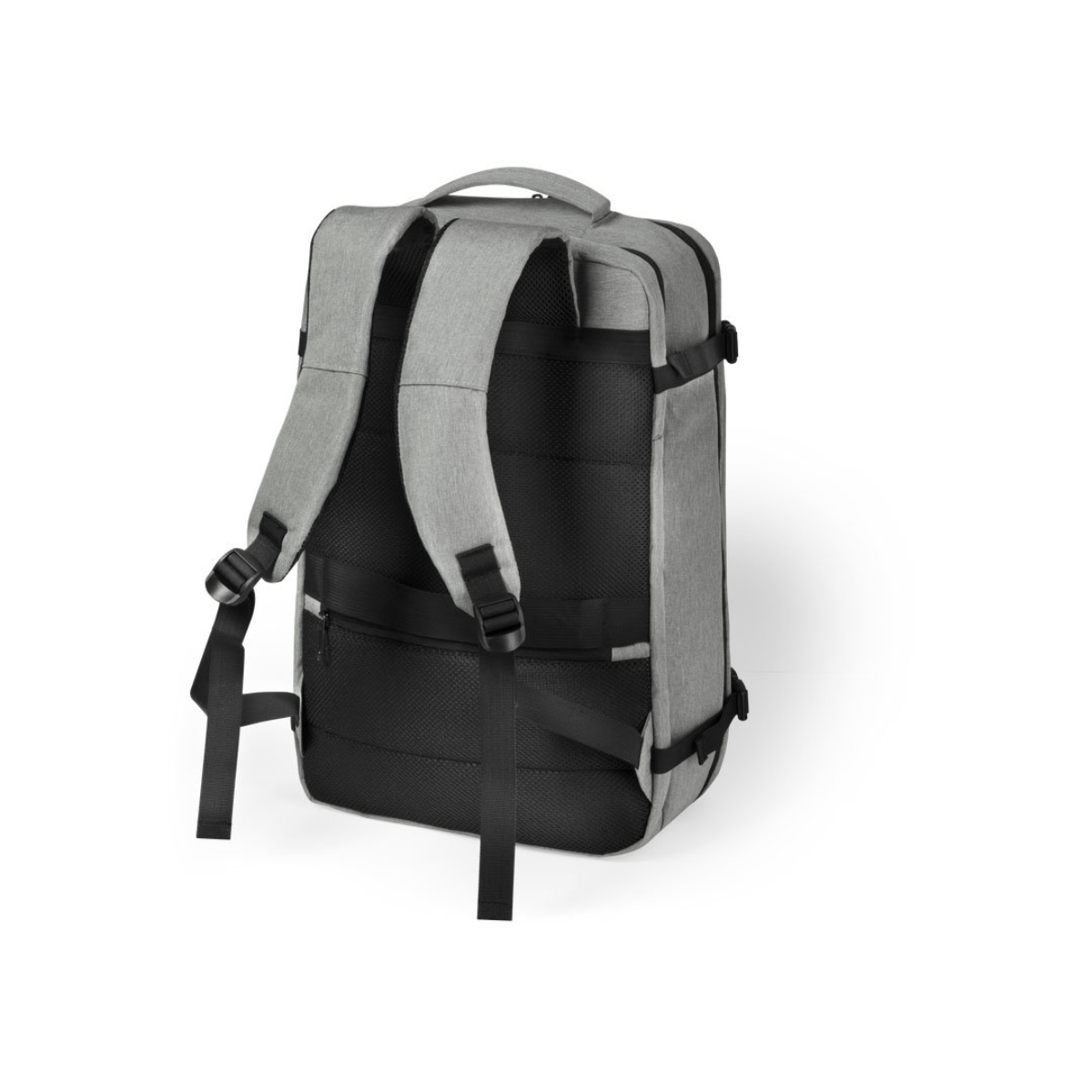 Mochila gris con correas negras, vista trasera. Aislada sobre blanco.