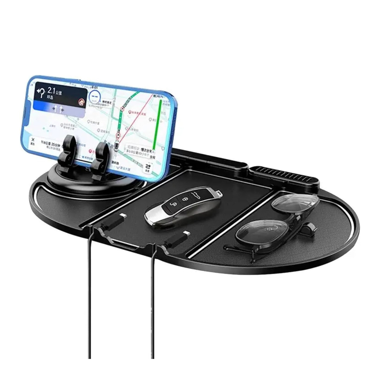 Consola de coche negra con smartphone mostrando mapa, llaves, gafas y cables de carga.