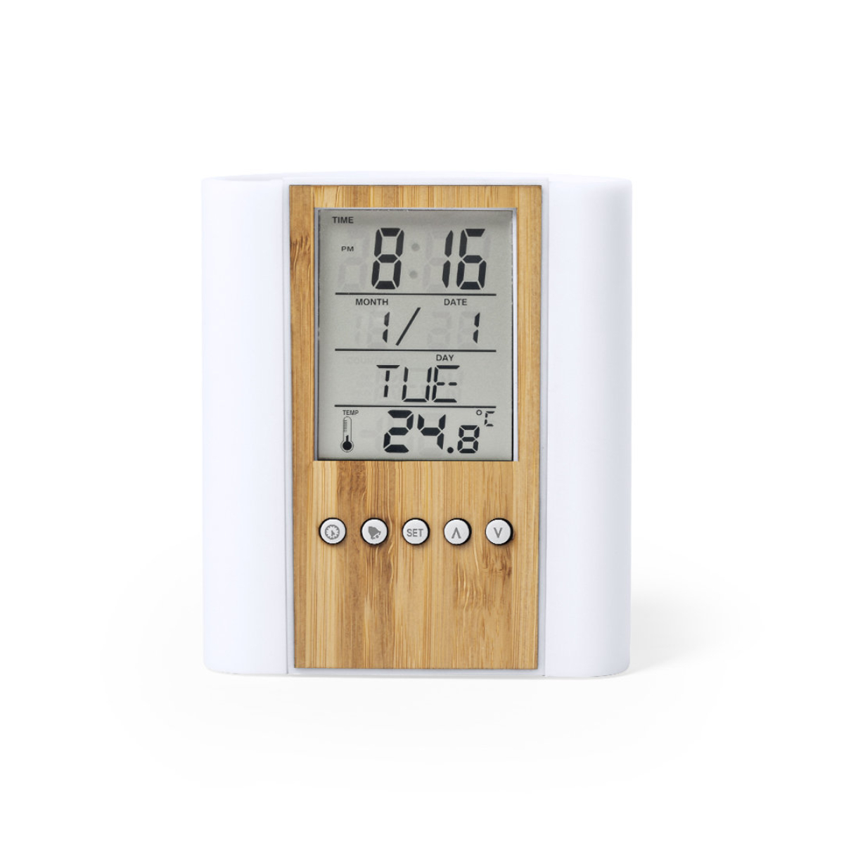 Reloj de escritorio blanco con borde de madera de bambú, muestra hora, fecha y temperatura.