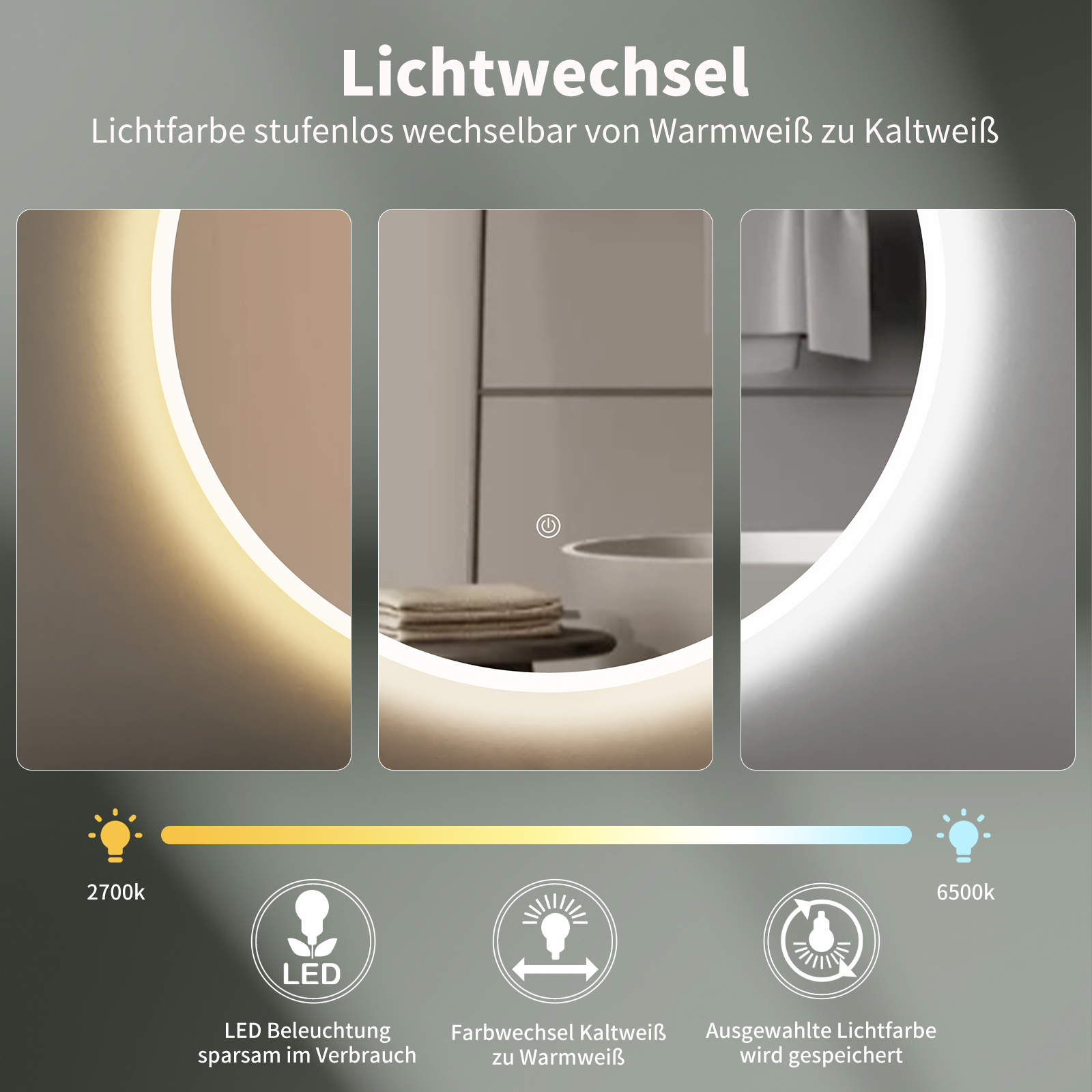 80cm+3 Lichtfarben Spiegel HOKO Kaltweiß Badspiegel HOKO Lichtfarbe LED