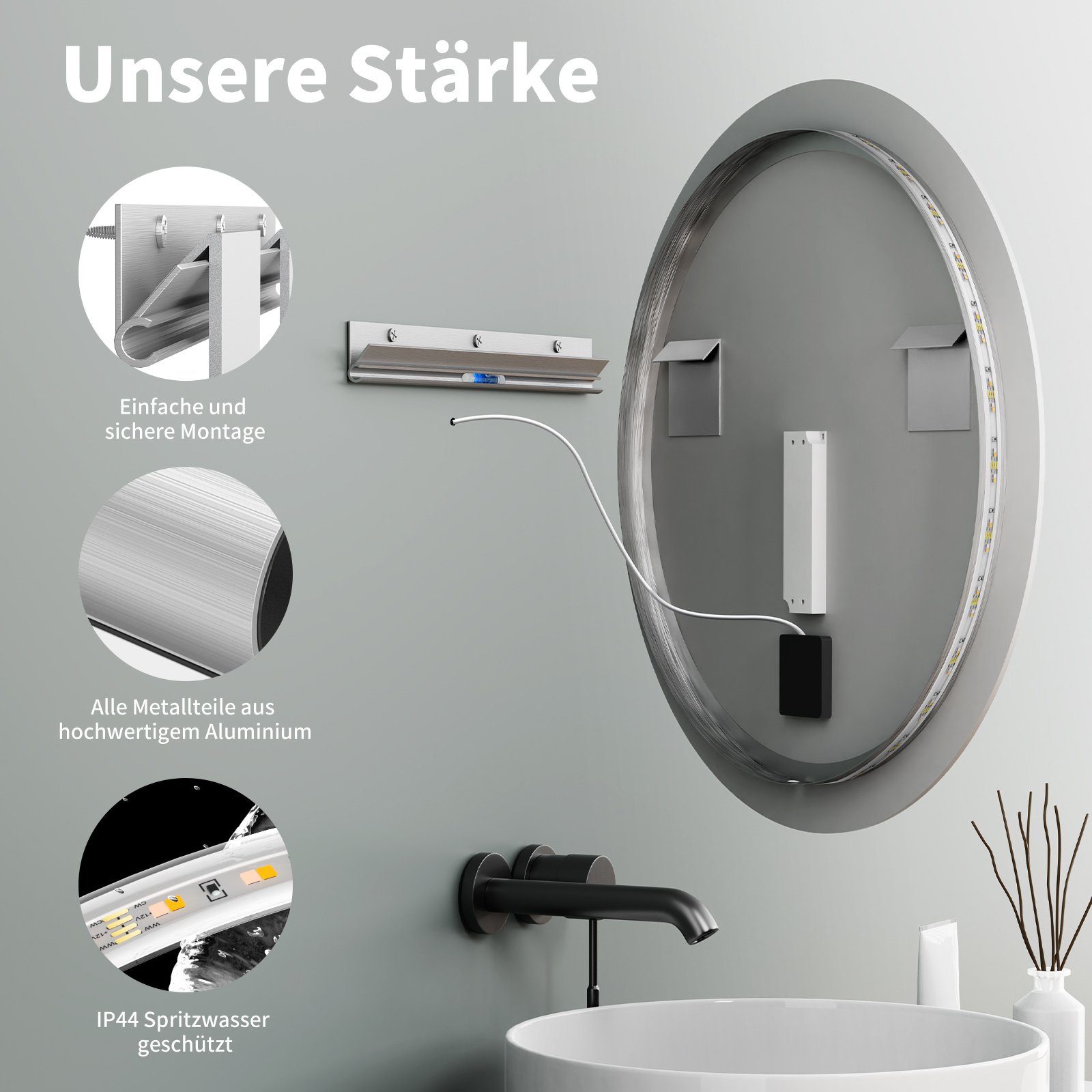 HOKO HOKO LED Rund Badspiegel mit Anti-fog Kalkweiß Lichtfarbe Badspiegel