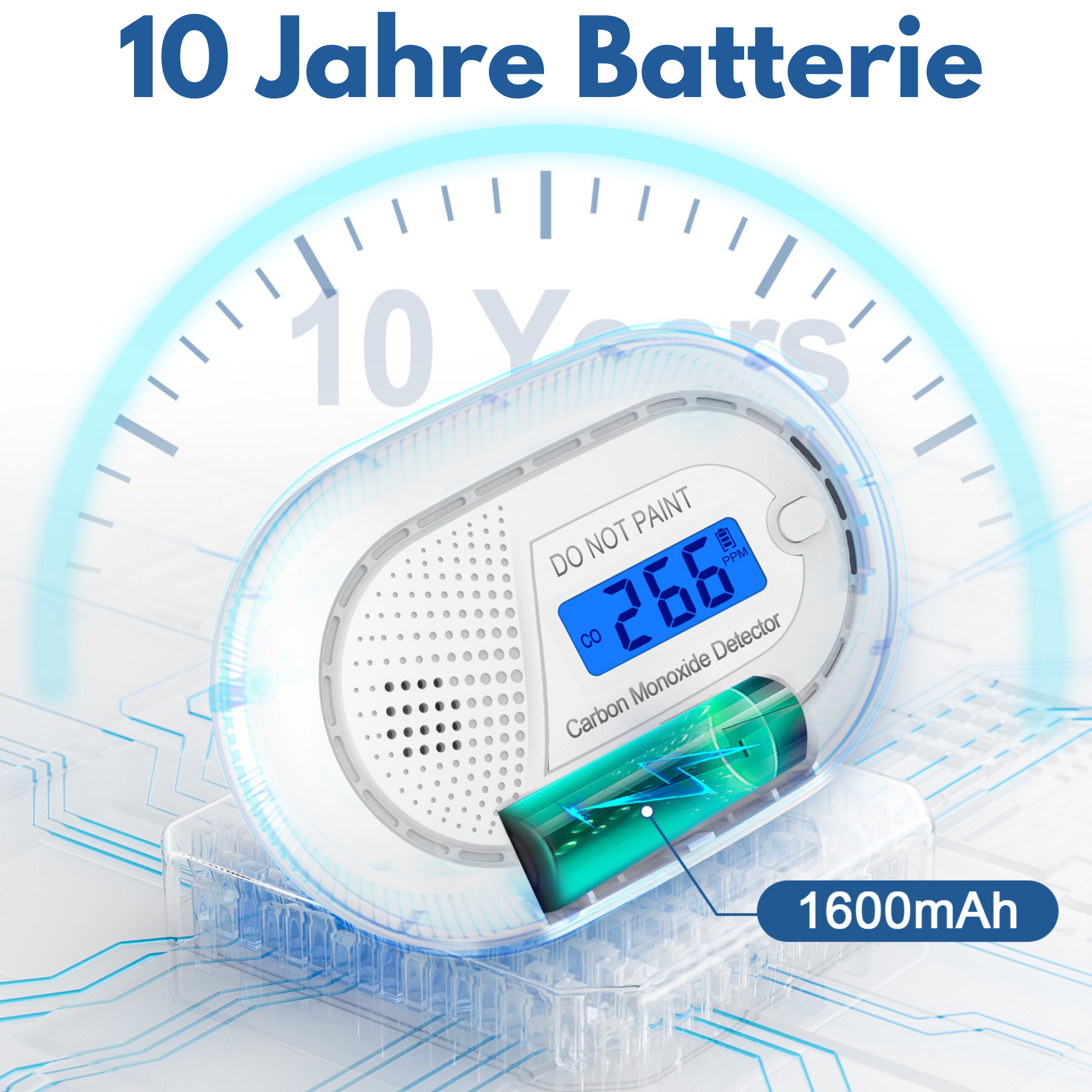 AROHA Smart 1 10 Jahres Kohlenmonoxidmelder, - melder Connect Batterie - CO Set - WLAN, weiß