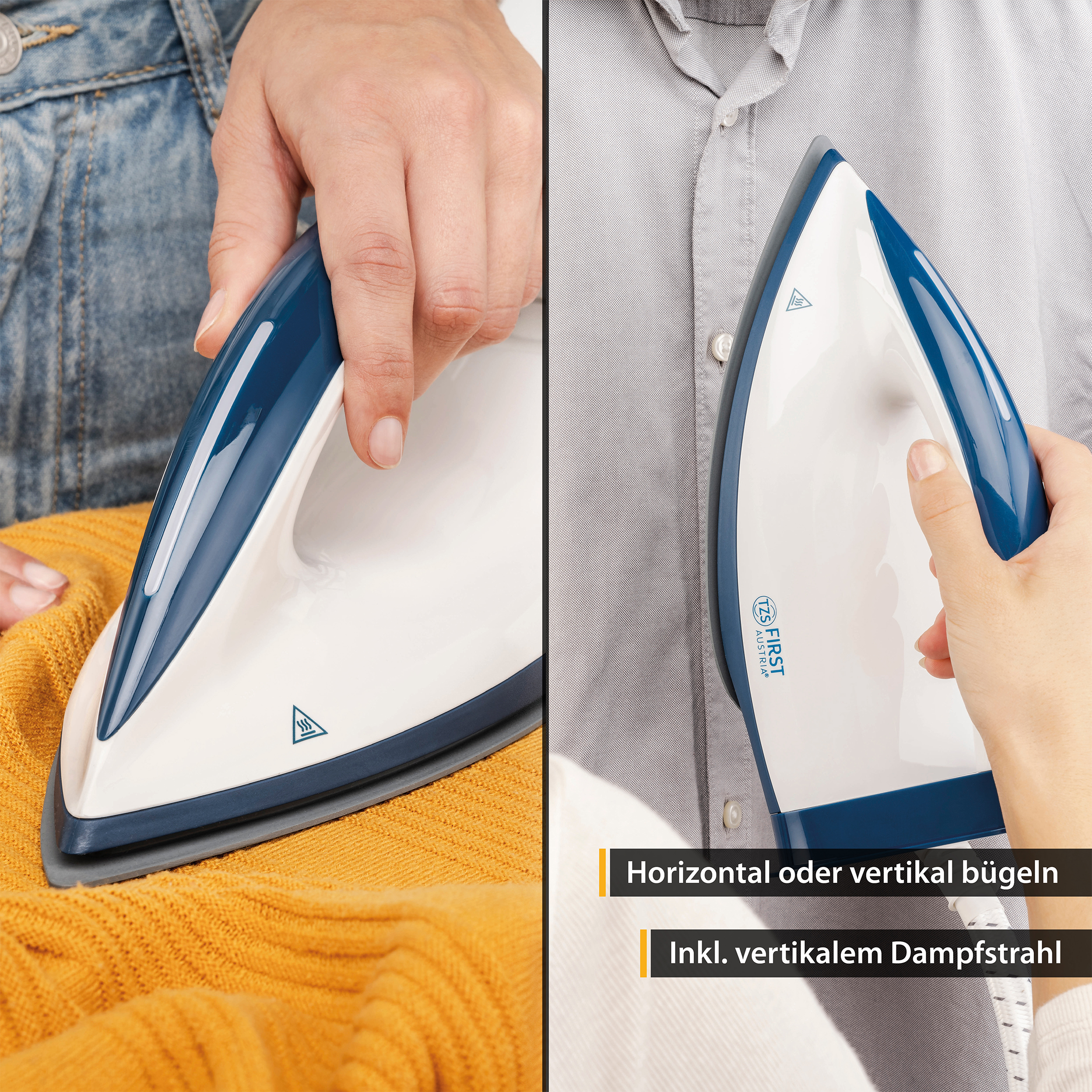 Zwei Bilder, die ein weißes und blaues Bügeleisen zeigen, das Stoff bügelt. Text lautet: Horizontal oder vertikal bügeln.