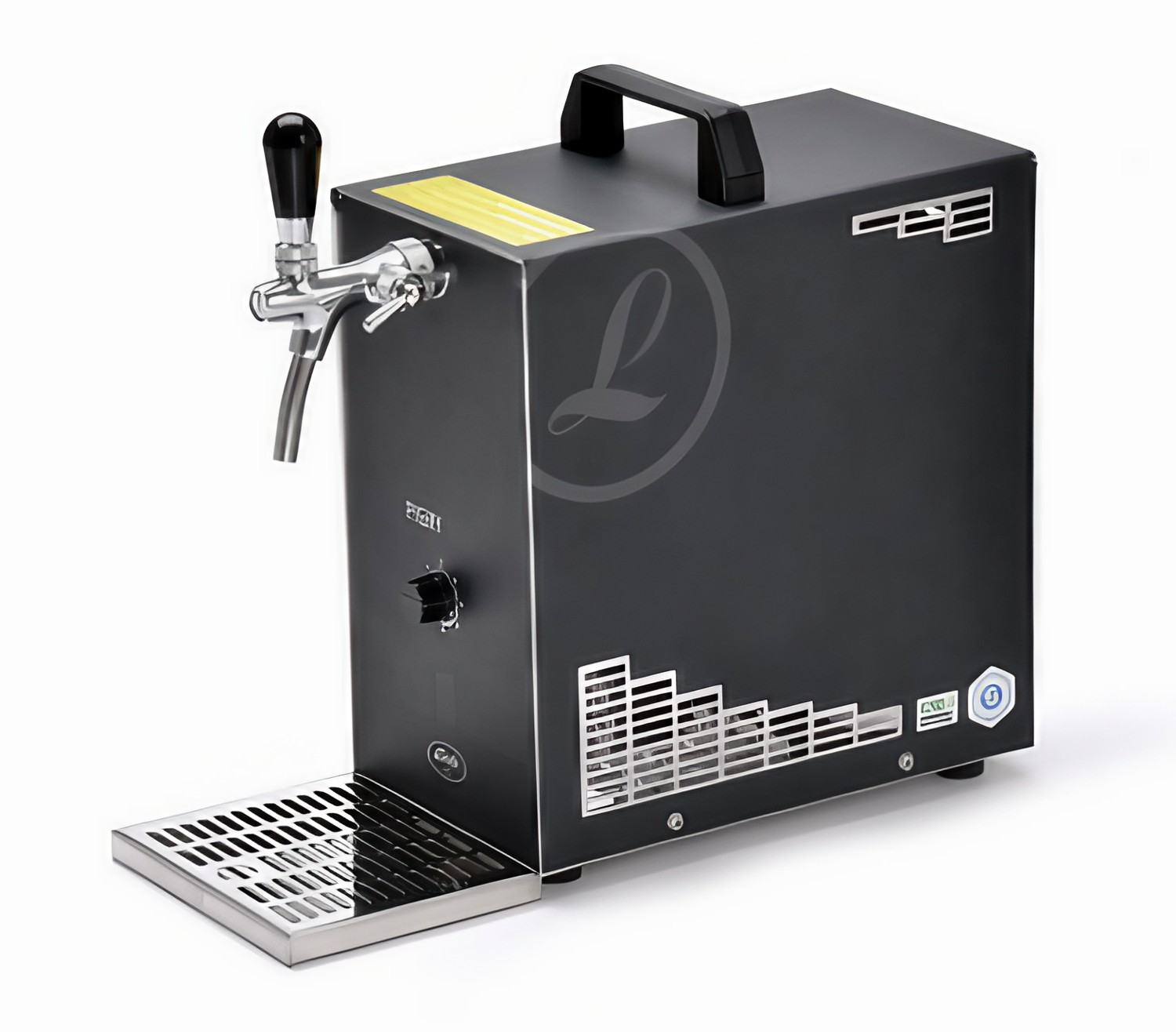Schwarze Bierzapfmaschine mit Zapfhahn und Logo. Hat einen Abtropfer und einen schwarzen Griff.