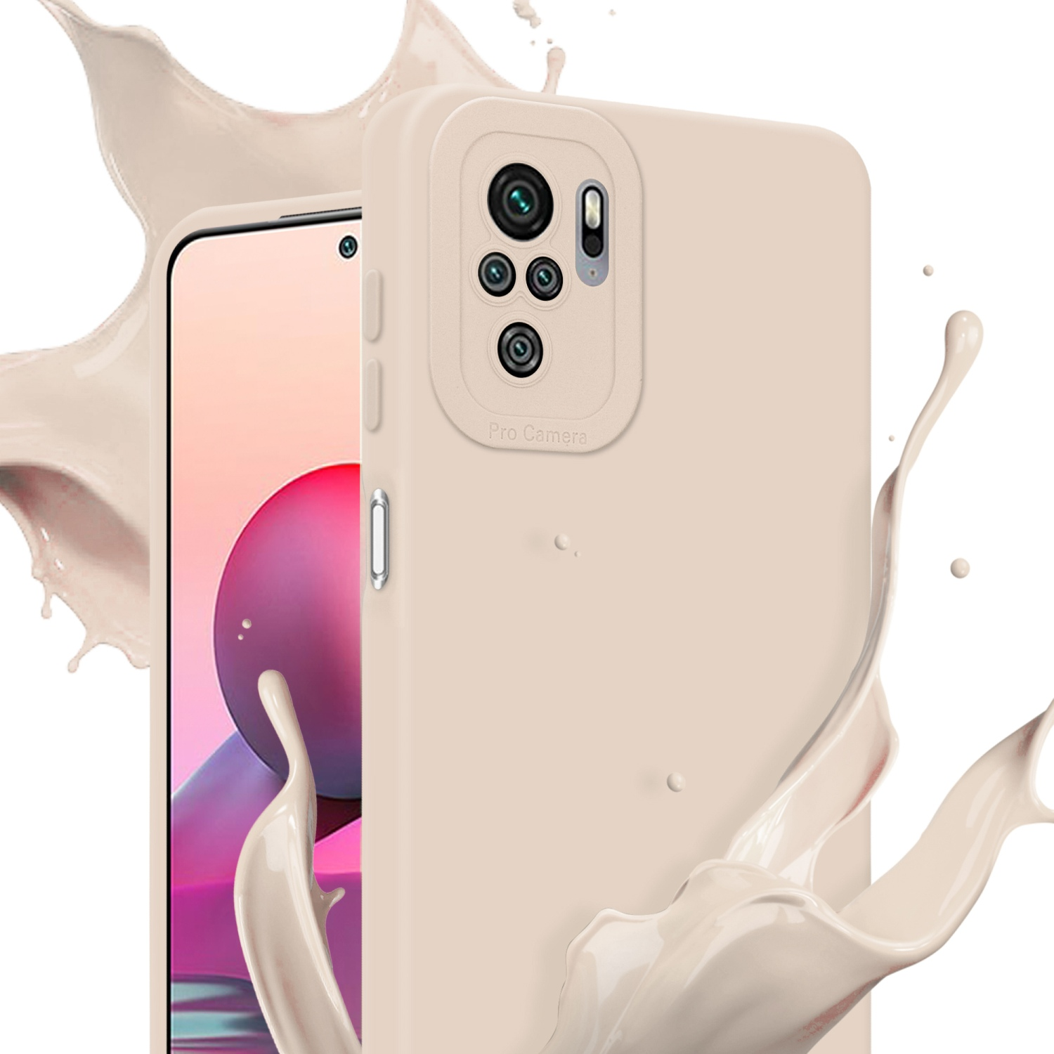 Viene visualizzata una custodia per telefono. Il telefono è in una custodia beige con uno schizzo di liquido.