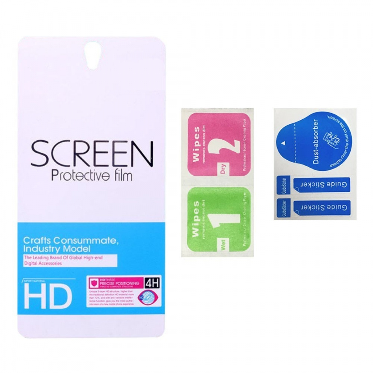 Eine weiße Displayschutzfolienverpackung mit Reinigungstüchern und Aufklebern. Text: Displayschutzfolie, HD.