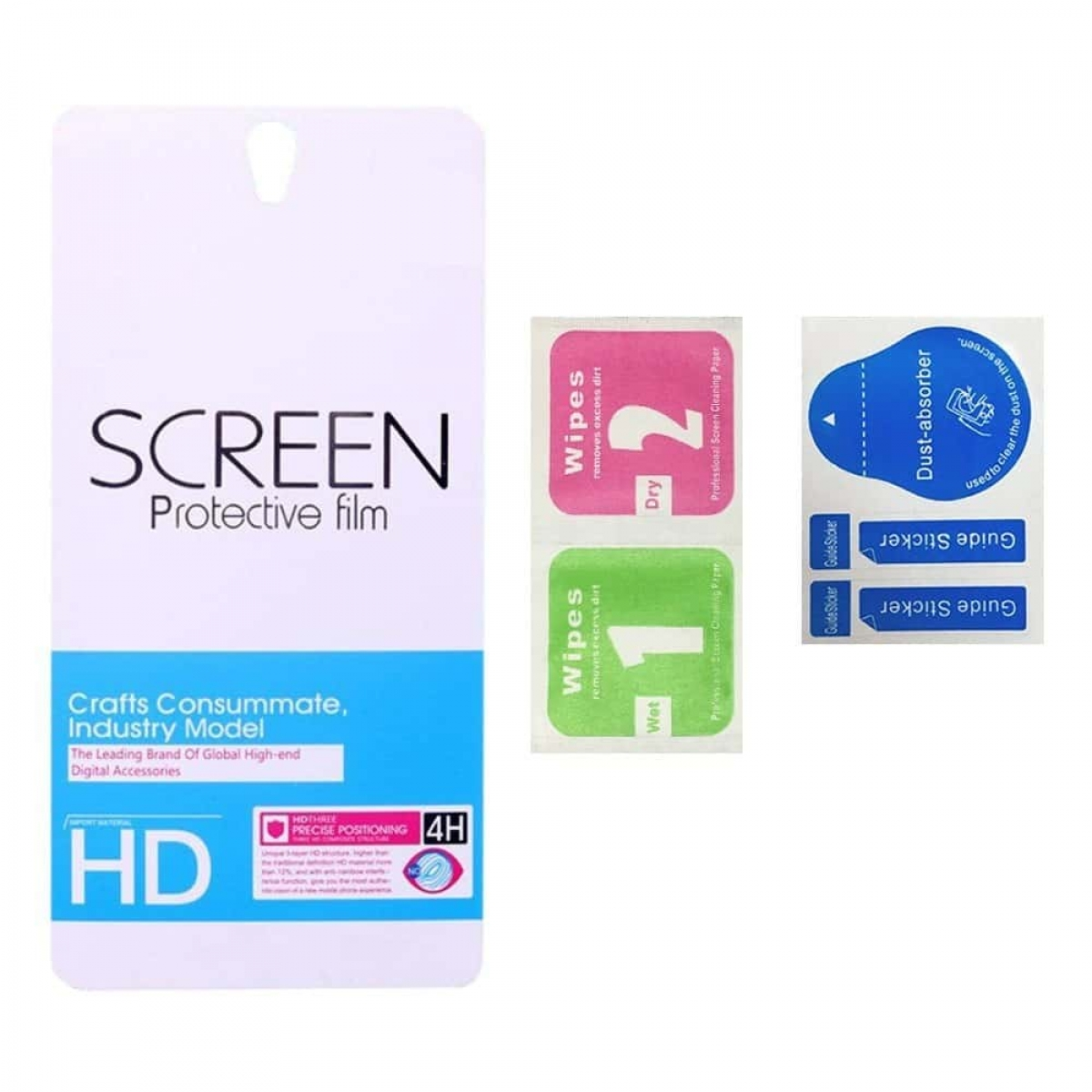 Verpackung für Displayschutzfolie mit Tüchern, Reinigungspads und Aufklebern für den Bildschirm.