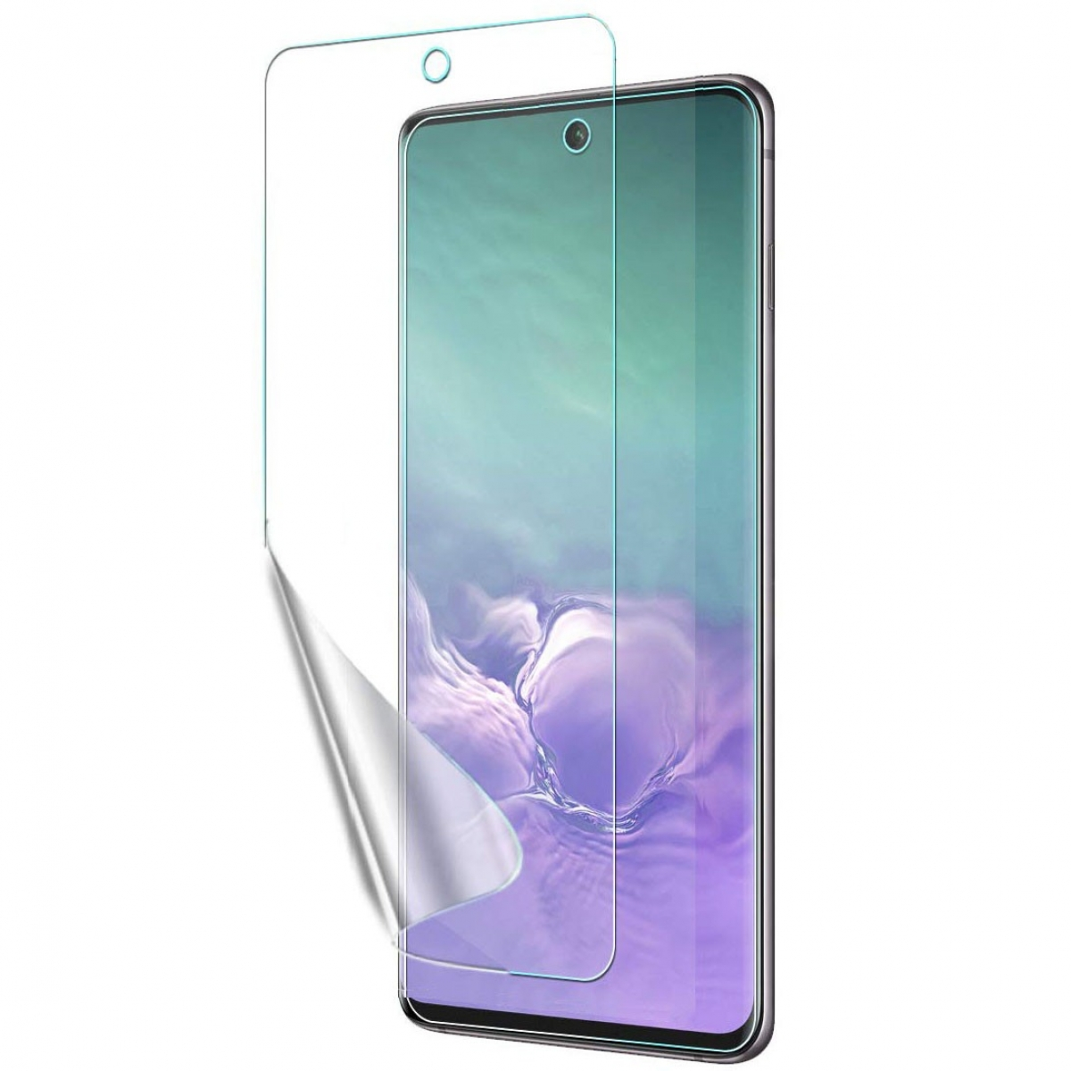 Eine transparente Displayschutzfolie wird auf einen Handy-Bildschirm aufgebracht.