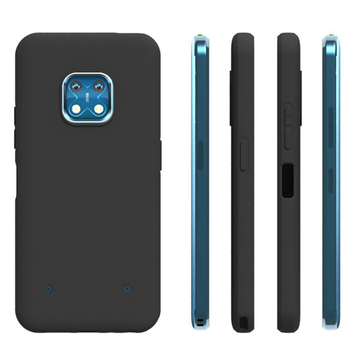 Schwarze Handyhülle mit blauen Akzentseiten.