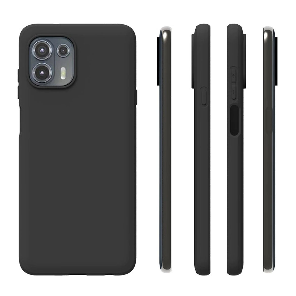 Ein schwarzes Telefon mit vier Ansichten, die das Gerät und seine Tasten zeigen. Schwarzes Gehäuse.