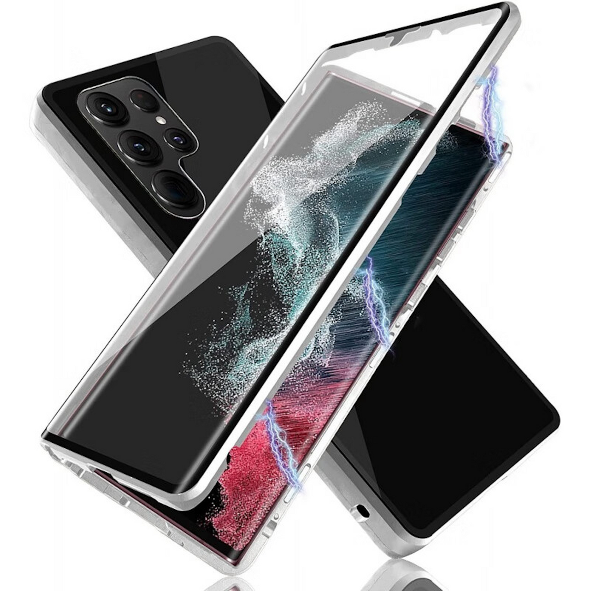 Telefonhüllen-Baugruppe. Mehrere Teile sind gezeigt, mit einem Telefon in der Mitte.