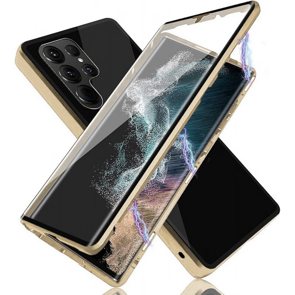 Drei Handyhüllen, Gold und Schwarz, offen. Blitze und Telefon sichtbar. Weißer Hintergrund.