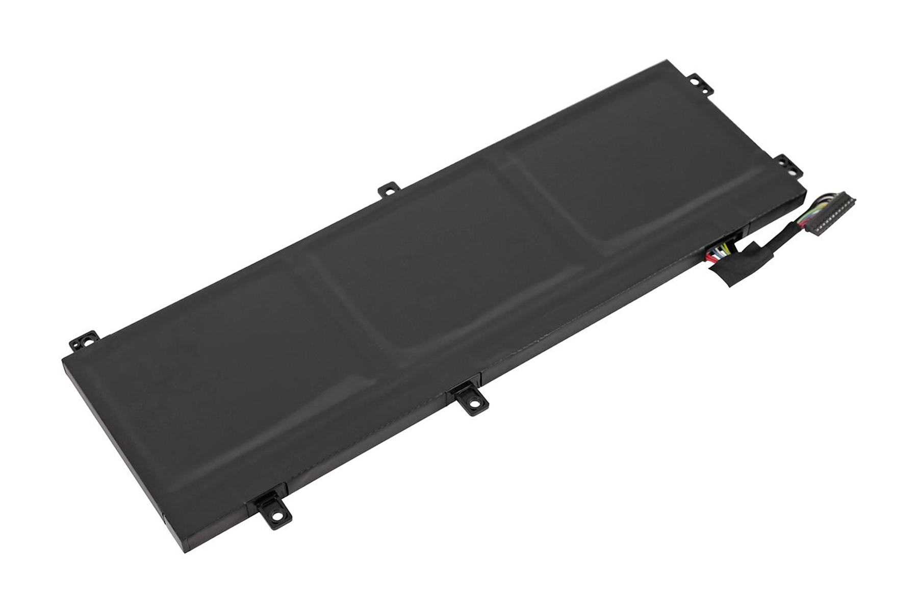 Schwarzer Laptop-Akku auf weißem Hintergrund. Rechteckige Form mit Stecker am Ende.
