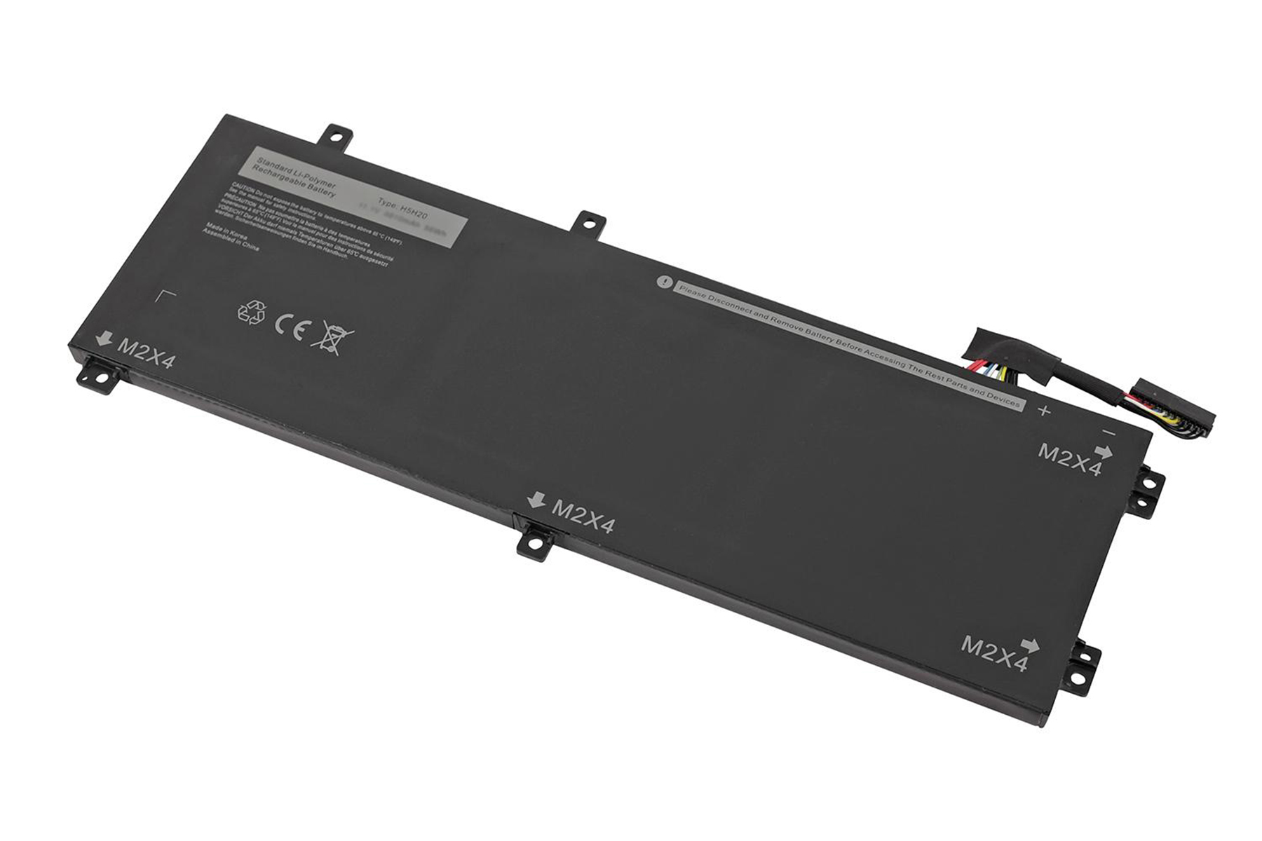 Una batteria per laptop nera su sfondo bianco. Ha varie etichette e connettori.