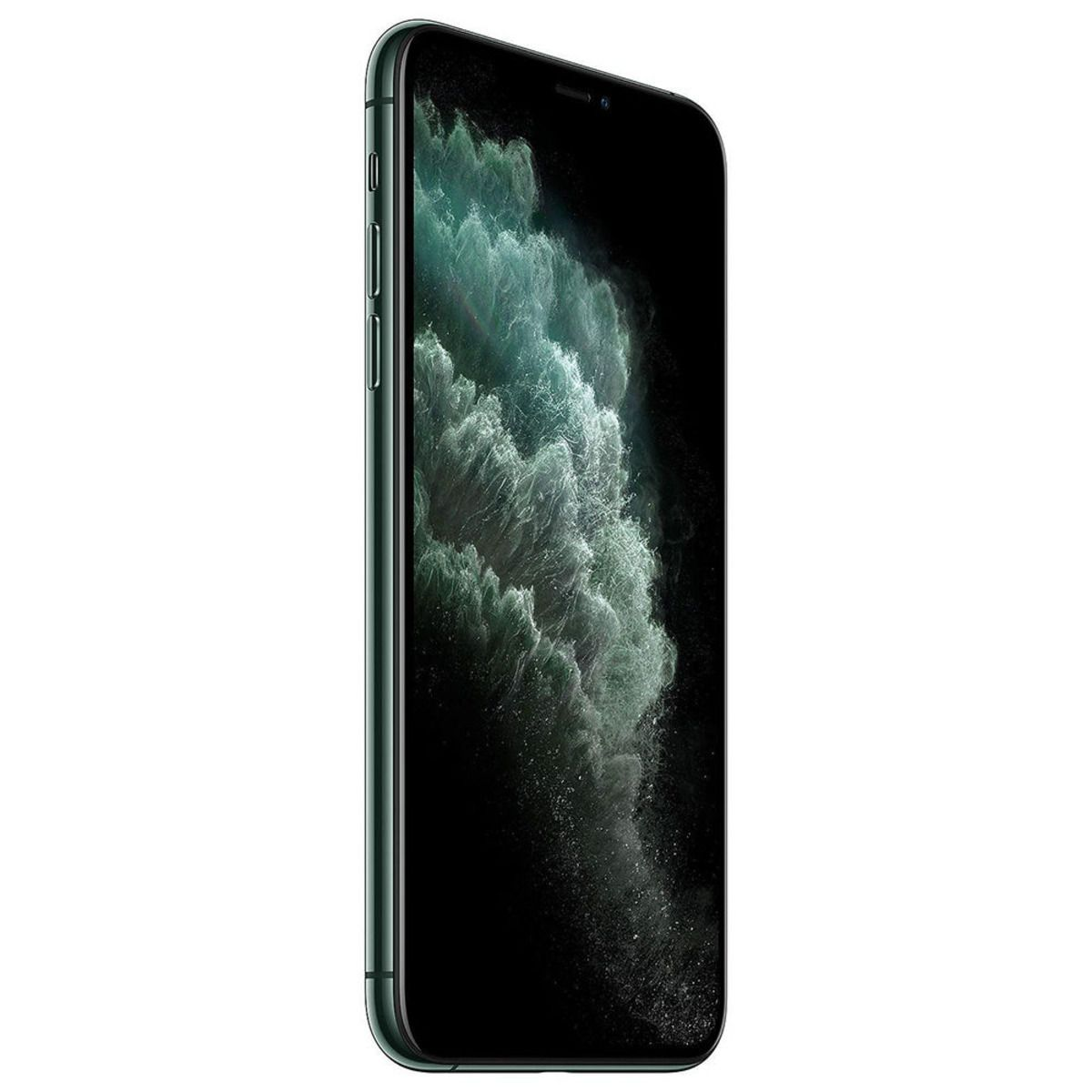 Smartphone verde su sfondo bianco, angolato per mostrare lo schermo e i pulsanti laterali.