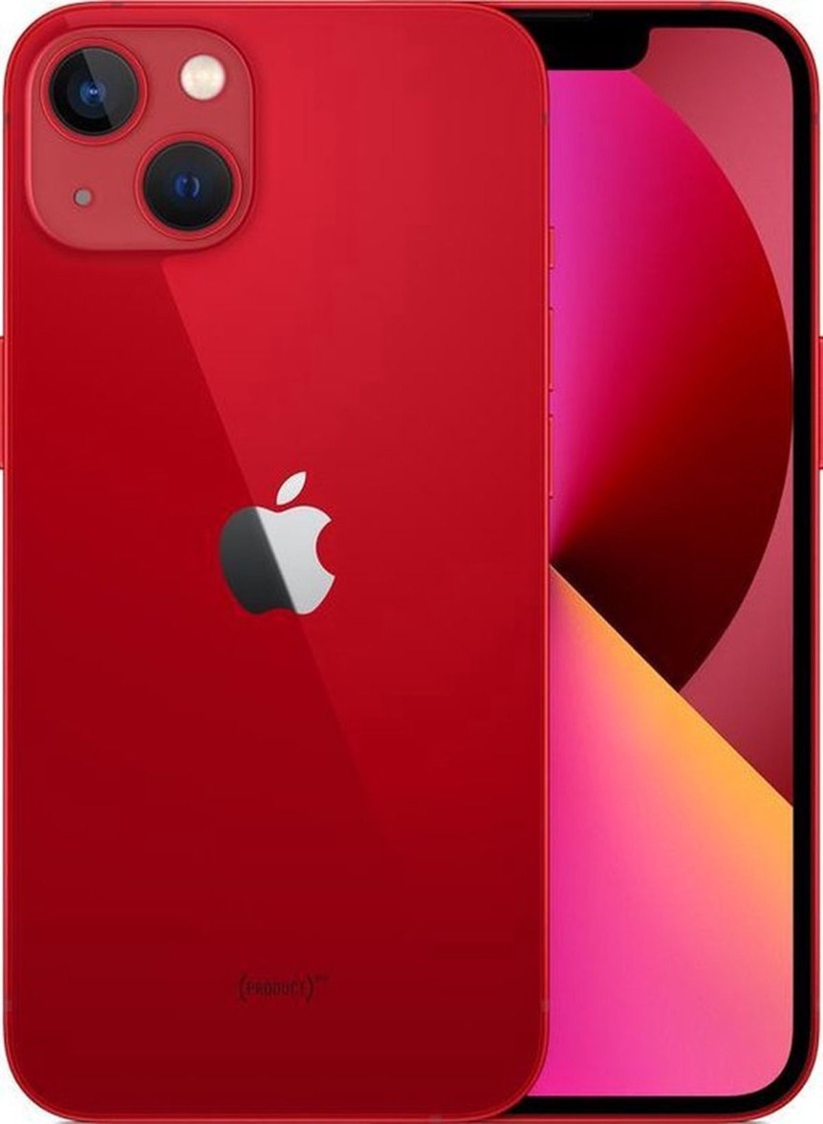 Un iPhone 13 rojo con el logotipo de Apple visible, sobre un fondo blanco.