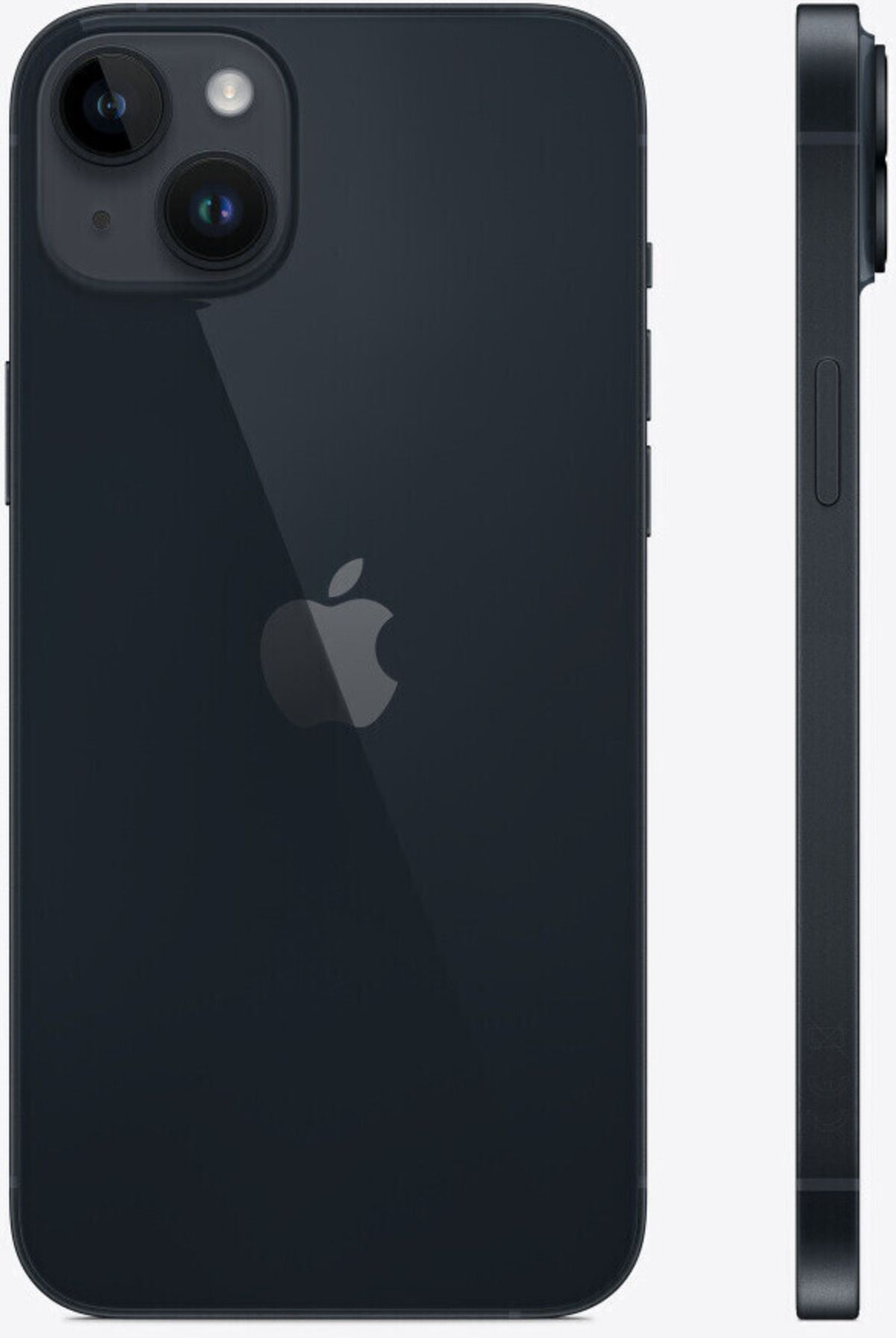 iPhone negro con dos cámaras, vista lateral mostrando botones. Logotipo de Apple en la parte trasera.