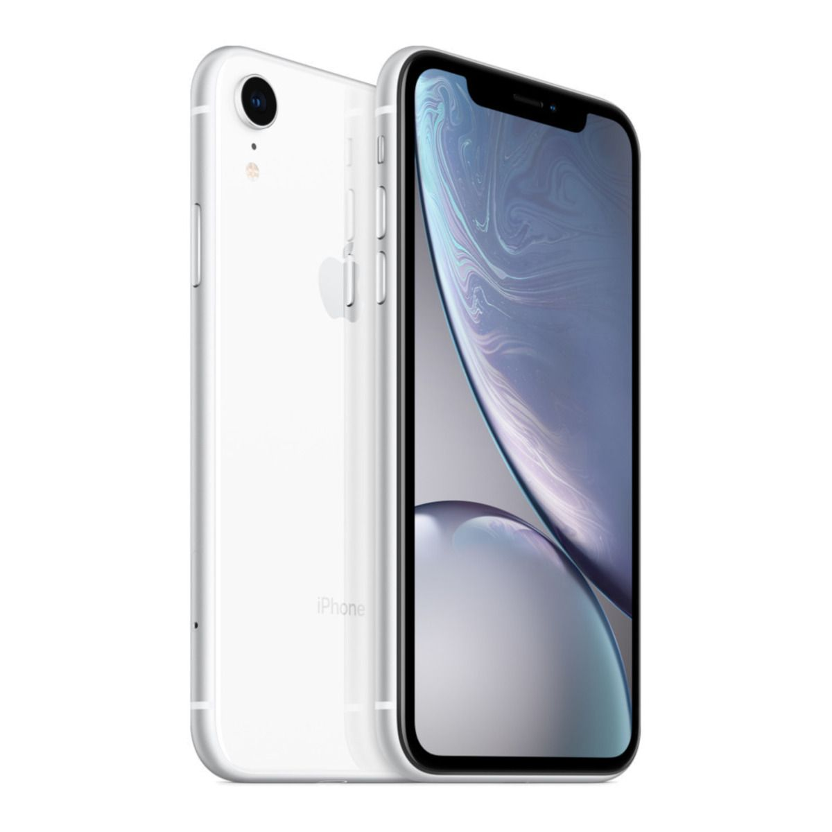 iPhone XR bianco, due telefoni, una vista posteriore, una vista schermo. Sfondo bianco.