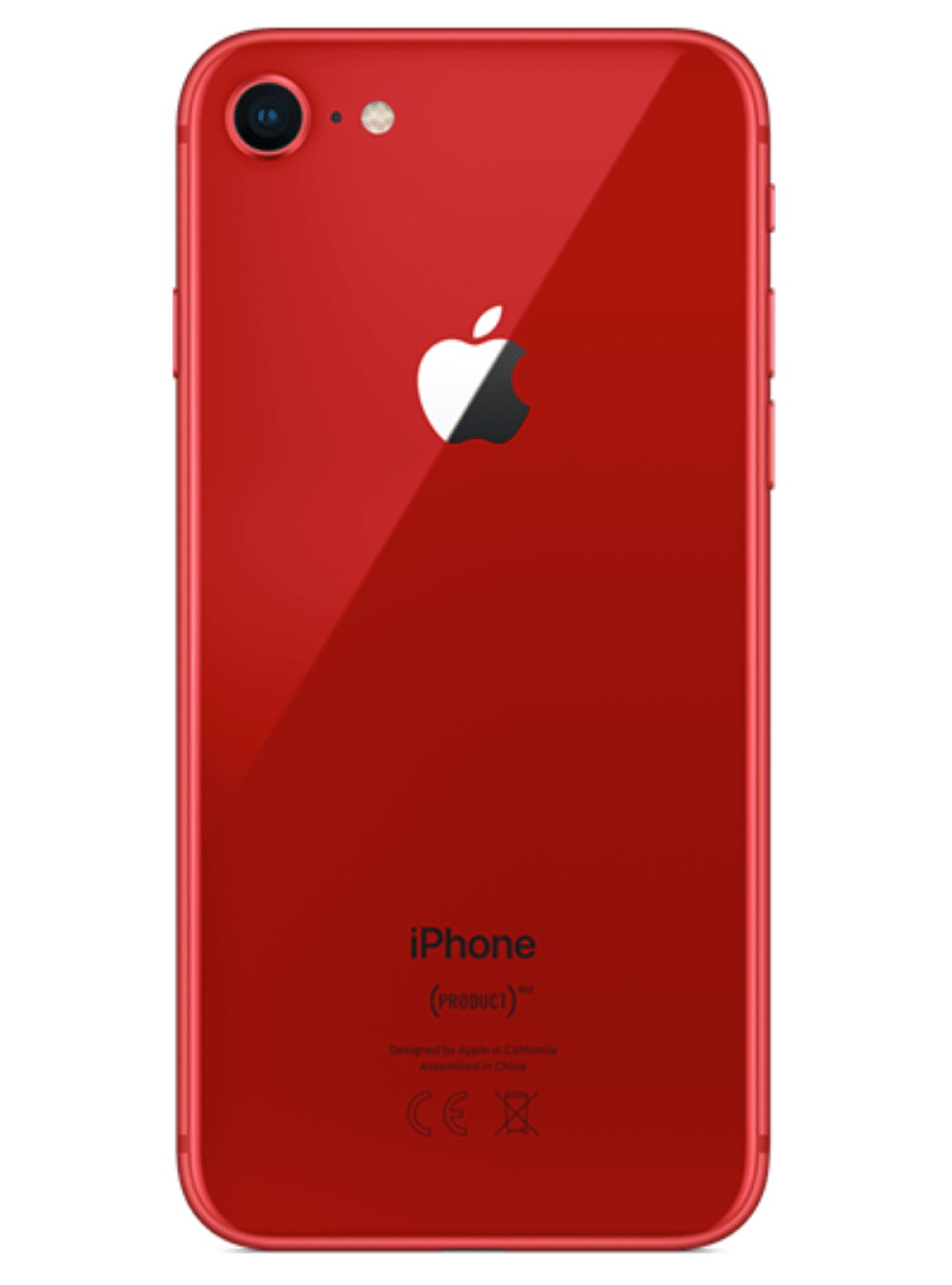 Czerwony tył iPhone'a z aparatem i logo Apple. Białe tło.