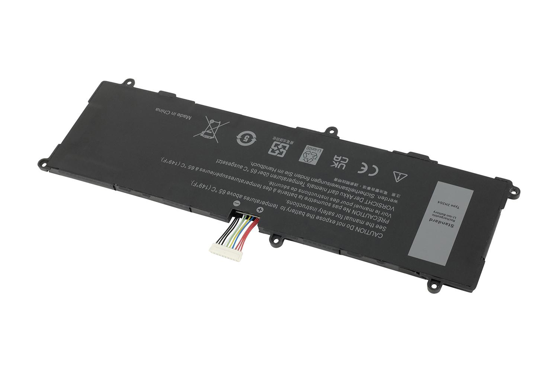 Batteria per laptop, nera con dettagli, con cavo connettore su sfondo bianco.