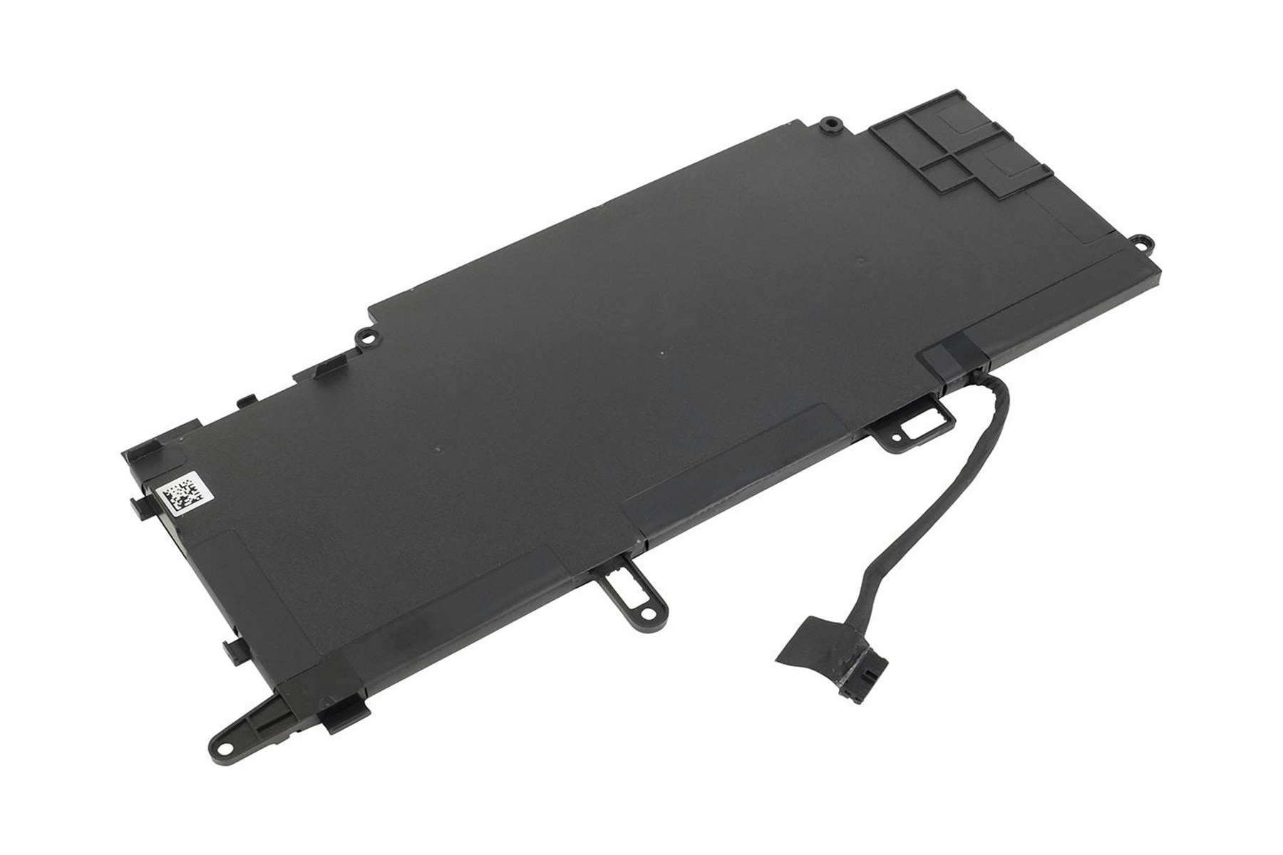 Schwarze Batterie, rechteckig mit Kabel und Stecker. Weißer Hintergrund.