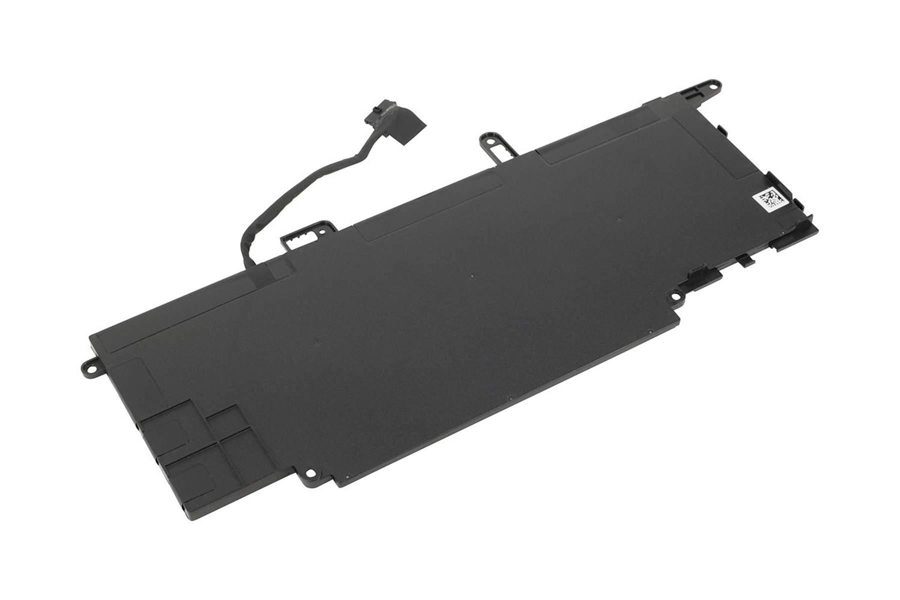 Schwarzer Laptop-Akku auf weißem Hintergrund. Er hat ein Kabel und mehrere Anschlüsse.