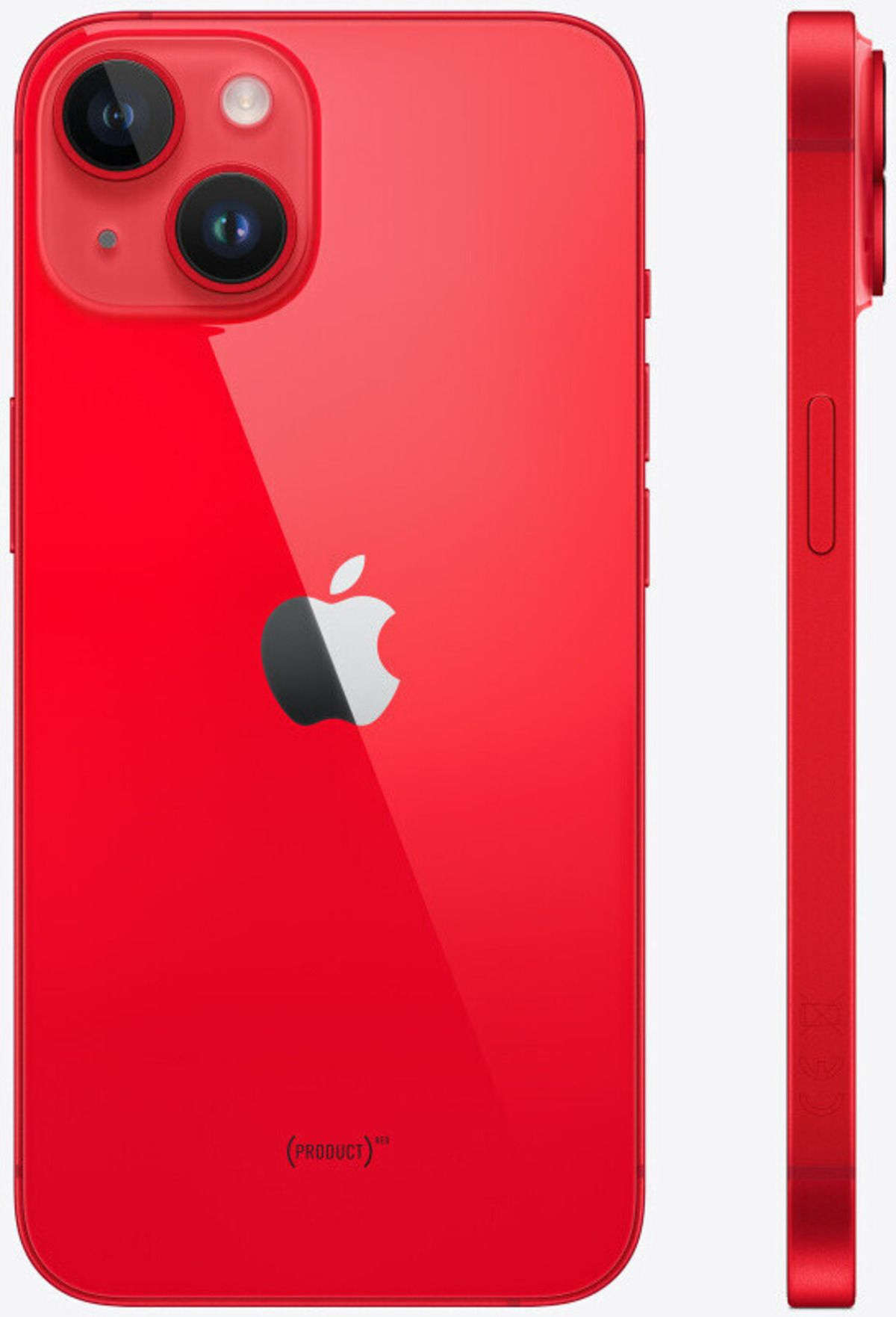 Un iPhone rojo que muestra la parte trasera y la vista lateral. El logotipo de Apple es visible.