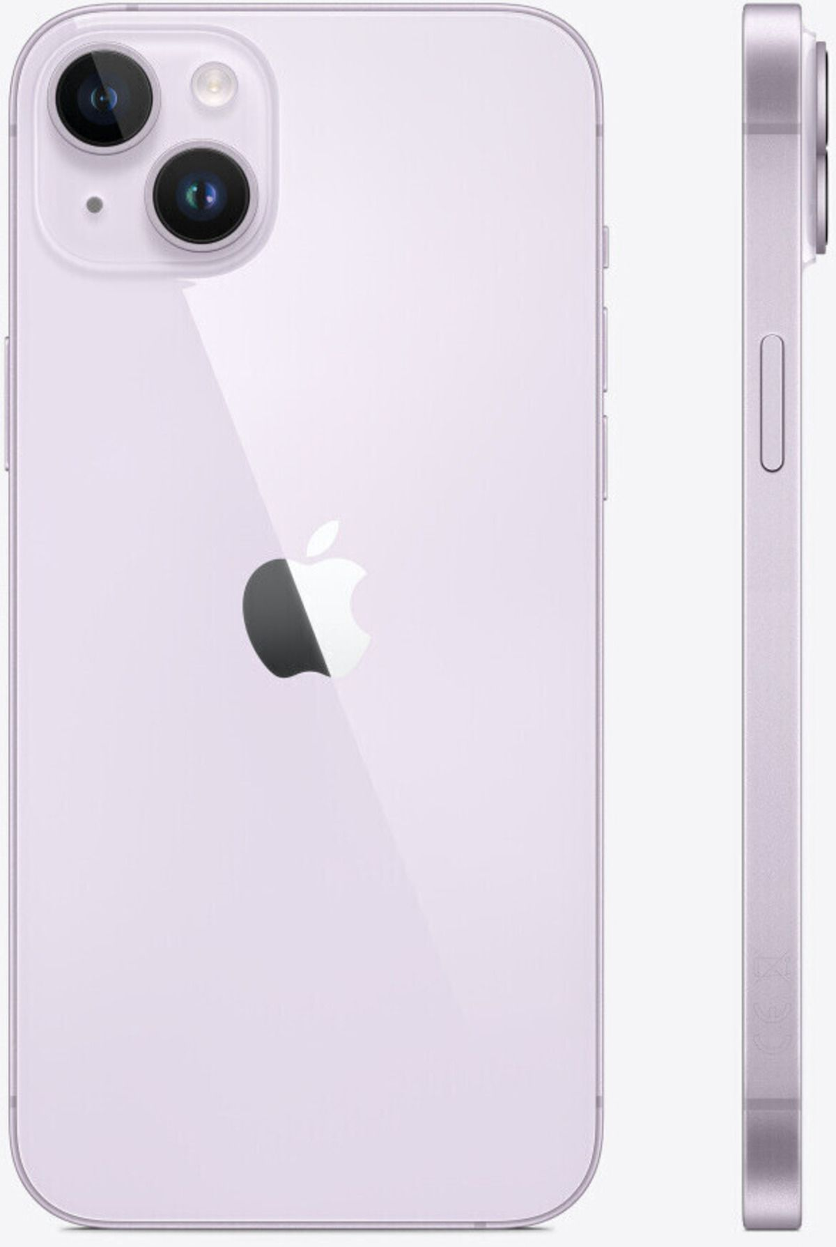Un iPhone lila claro, con cámaras traseras y logotipo de Apple, vista lateral con botón.