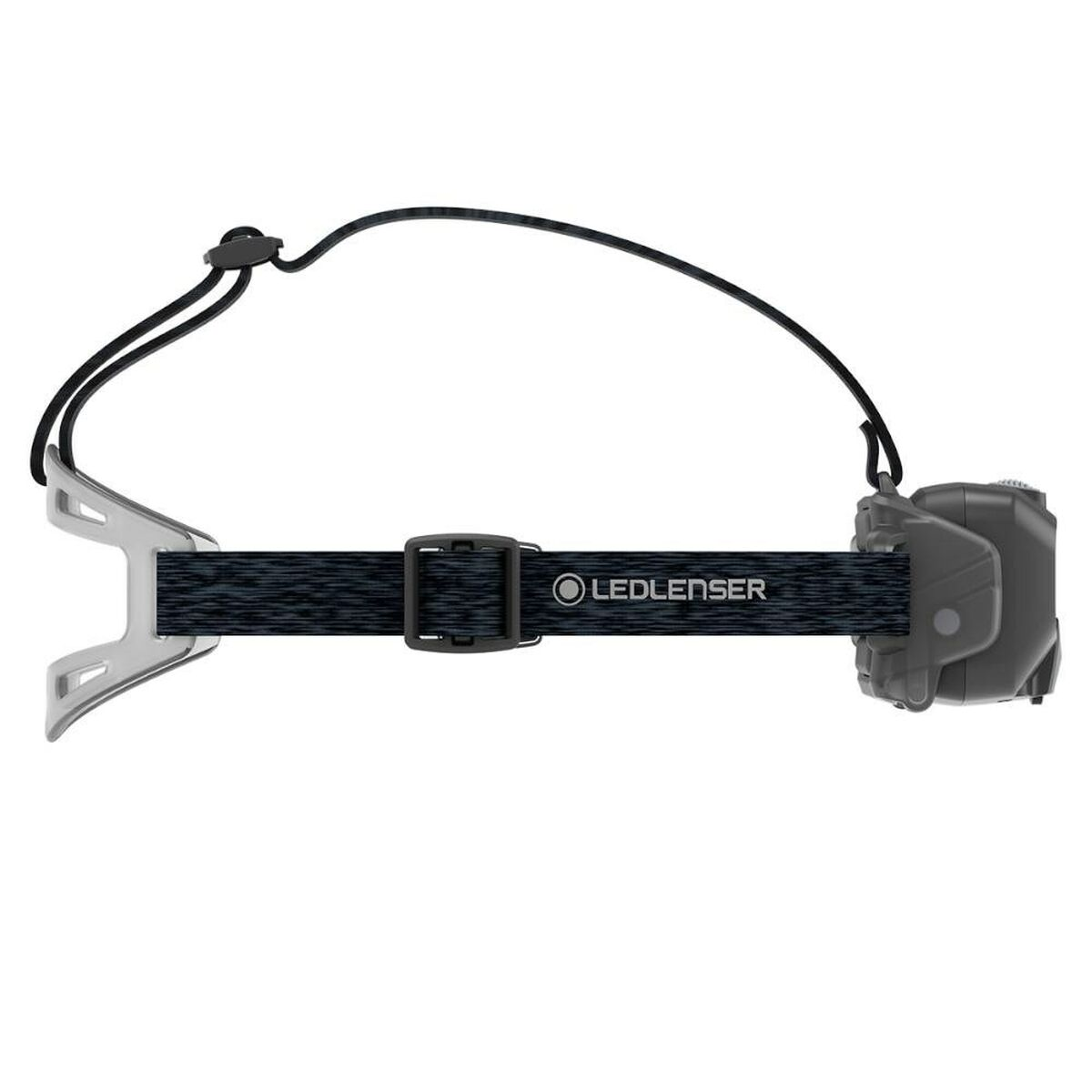 Lampe frontale noire avec sangle noire et supports argentés.