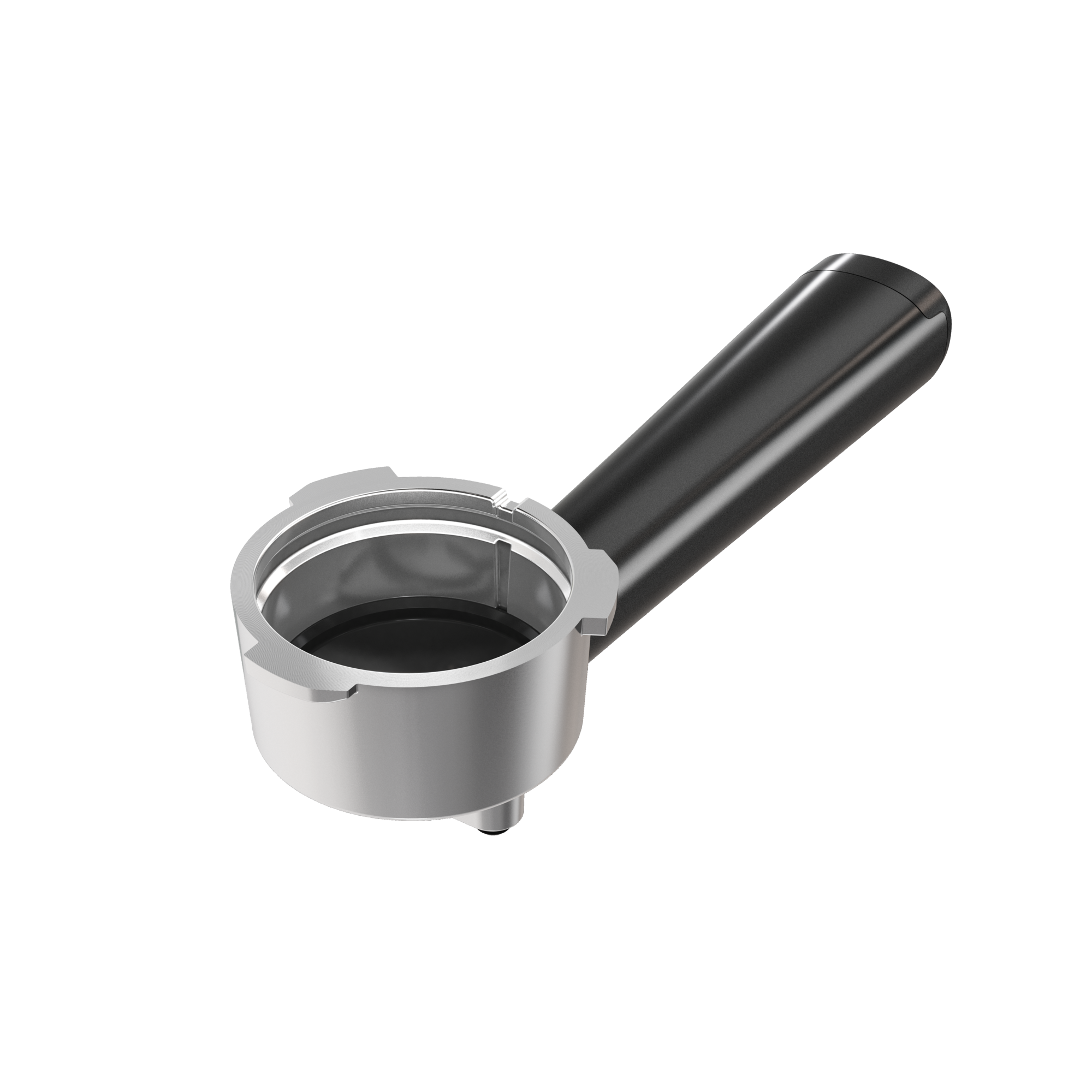 Kolba do ekspresu, srebrna i czarna, na czarnym tle.