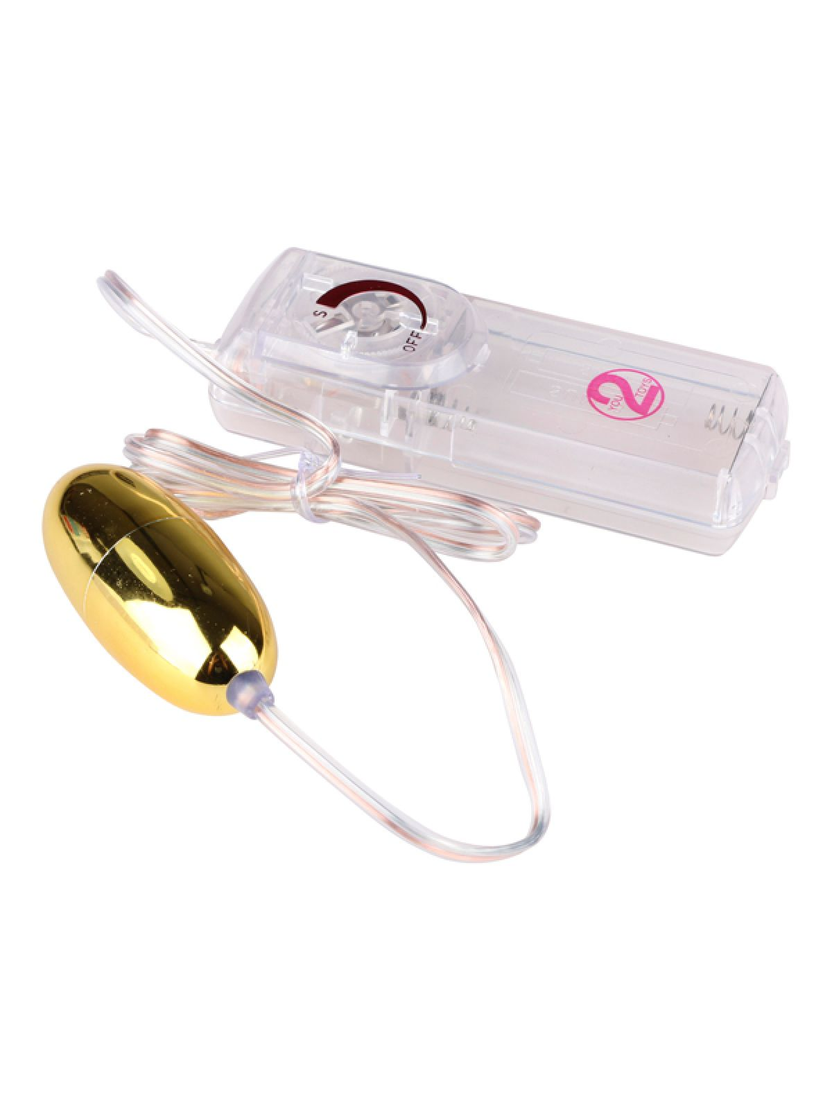 Goldener Vibrator mit transparentem Steuerkasten und weißem Hintergrund.